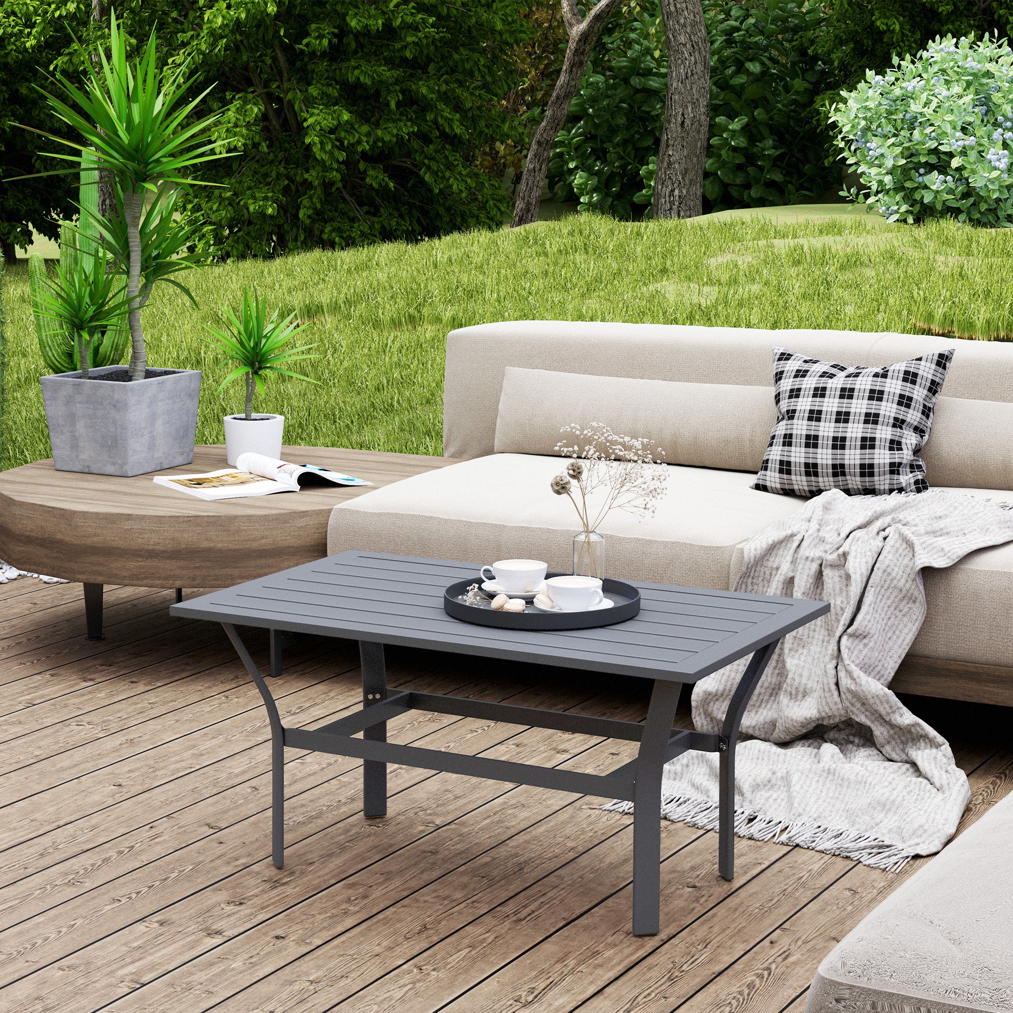 Rectangular Metal Garden Coffee Table 91.5x55cm with Slatted Top and Foot Pads - Dark Grey