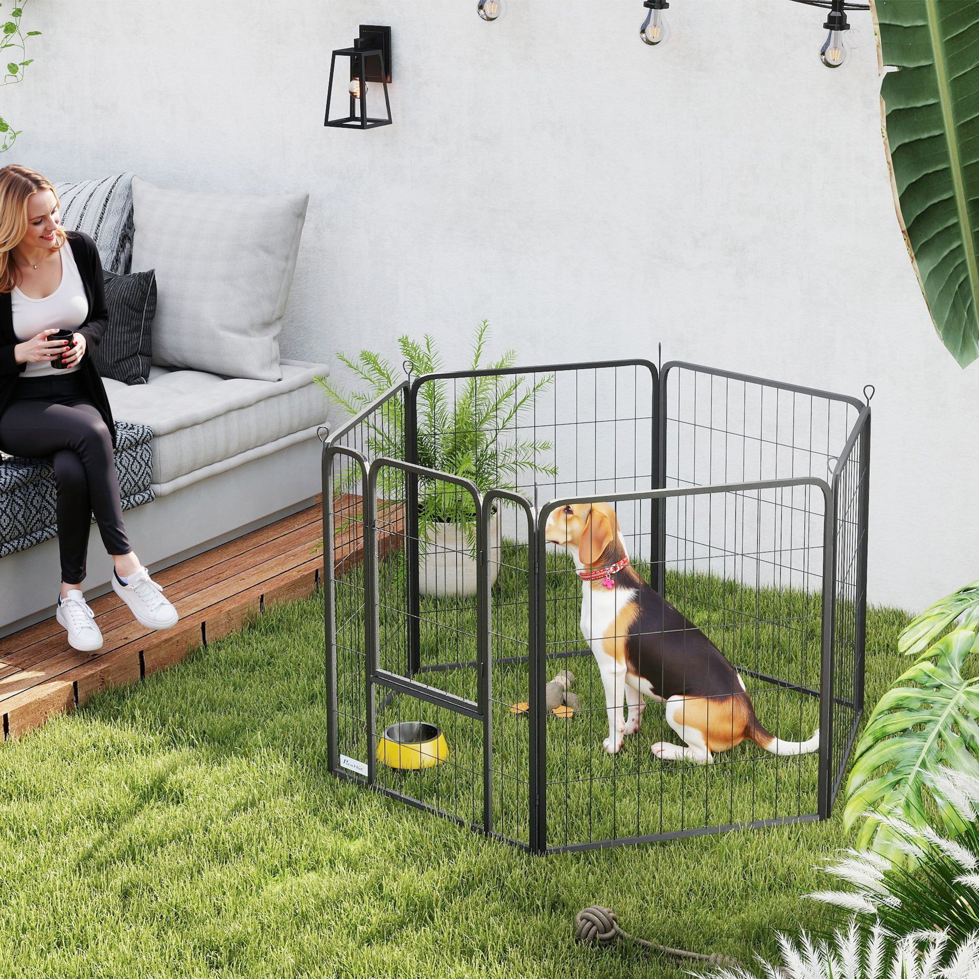 Heavy Duty 6-Panel Dog Playpen with Secure Door 80cm High for Indoor Outdoor - Black