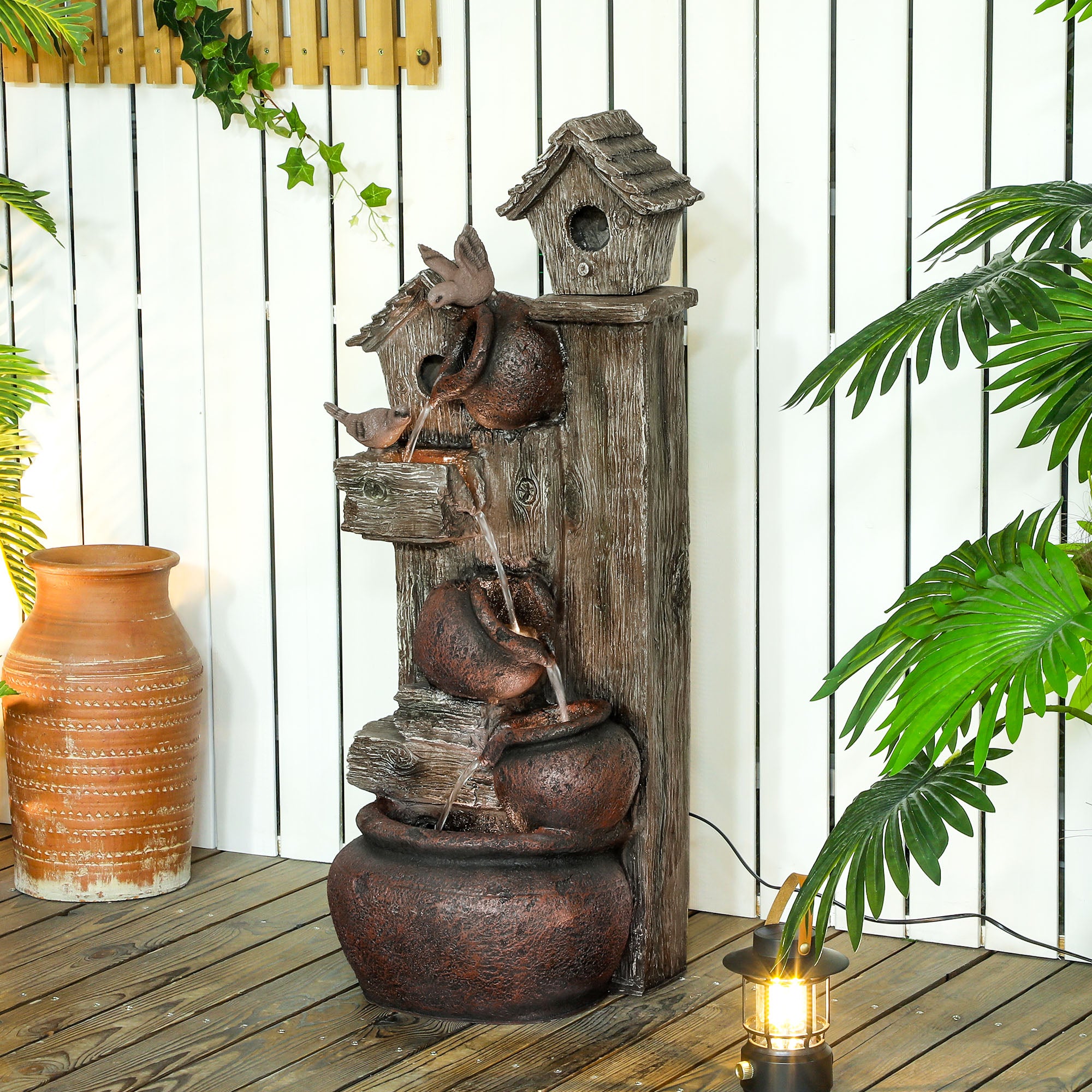 2-in-1 Resin Waterfall Fountain with Birdhouse and LED Lights, Tree Trunk Design - Multi-colour