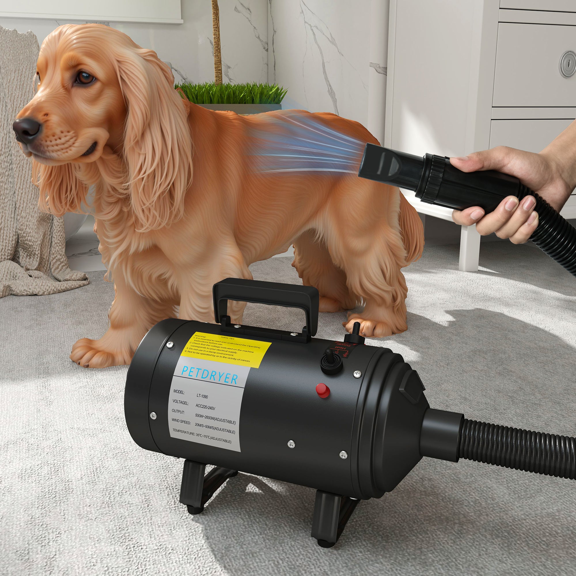 2200W Dog Hair Dryer with Adjustable Temperature & Velocity, 3 Different Nozzles, Black