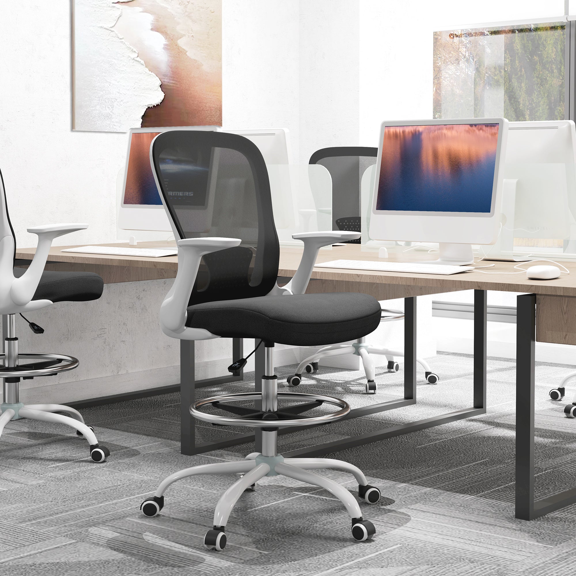 Draughtsman Chair, Mesh Drafting Chair, Ergonomic Office Chair with Flip-up Armrest, Adjustable Foot Ring, Black White