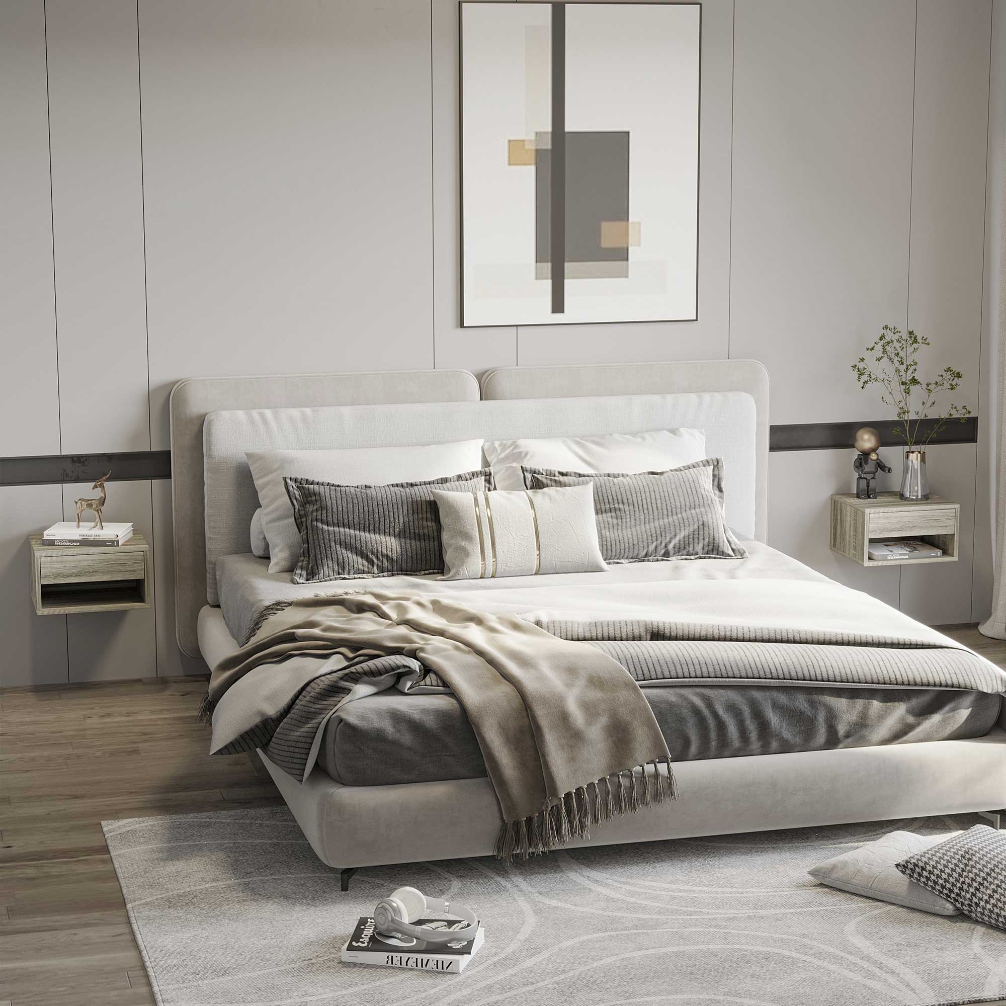 Set of Two Wall Mounted Bedside Tables with Drawer and Shelf - Brown Wood-Effect