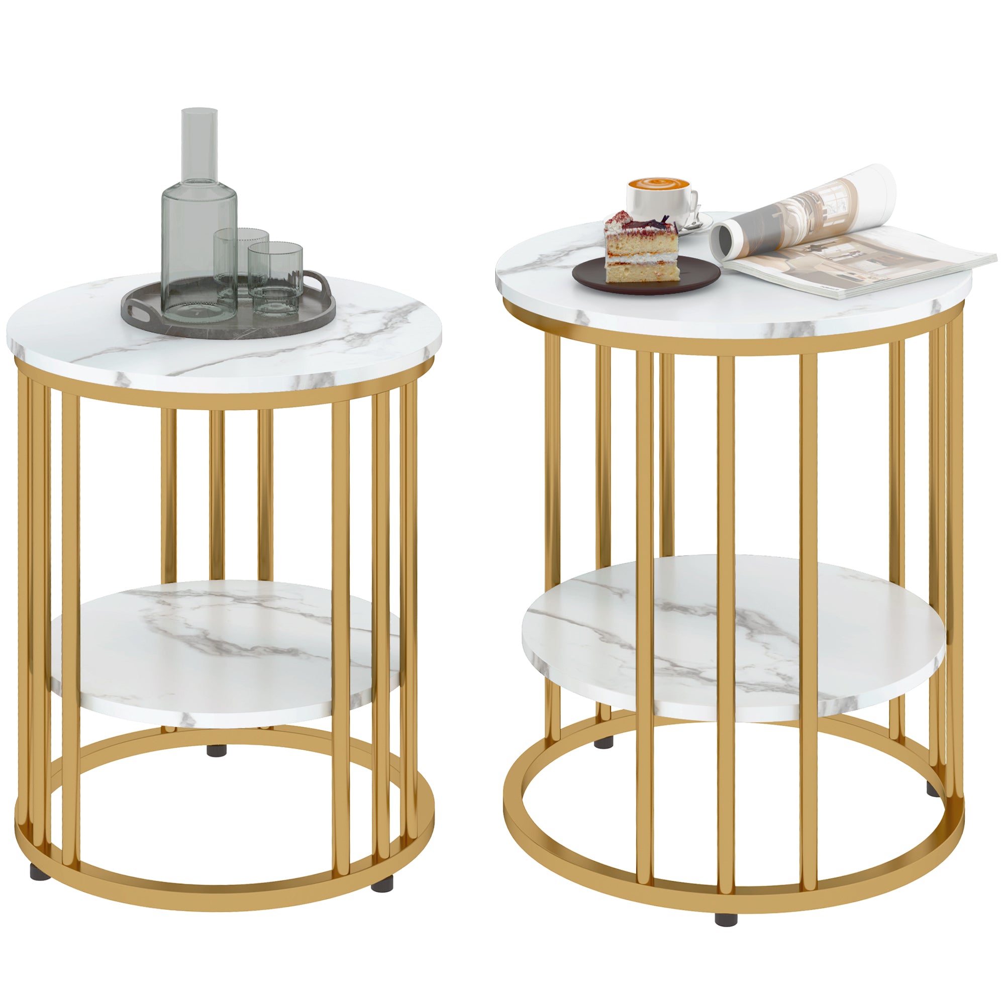 Set of Two Marble-Effect Two-Tier Coffee Tables - White/Gold-Tone
