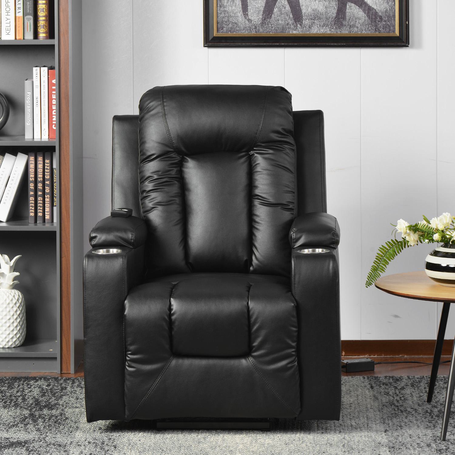 Electric Power Lift Riser Recliner Chair with Cup Holders – Black Faux Leather