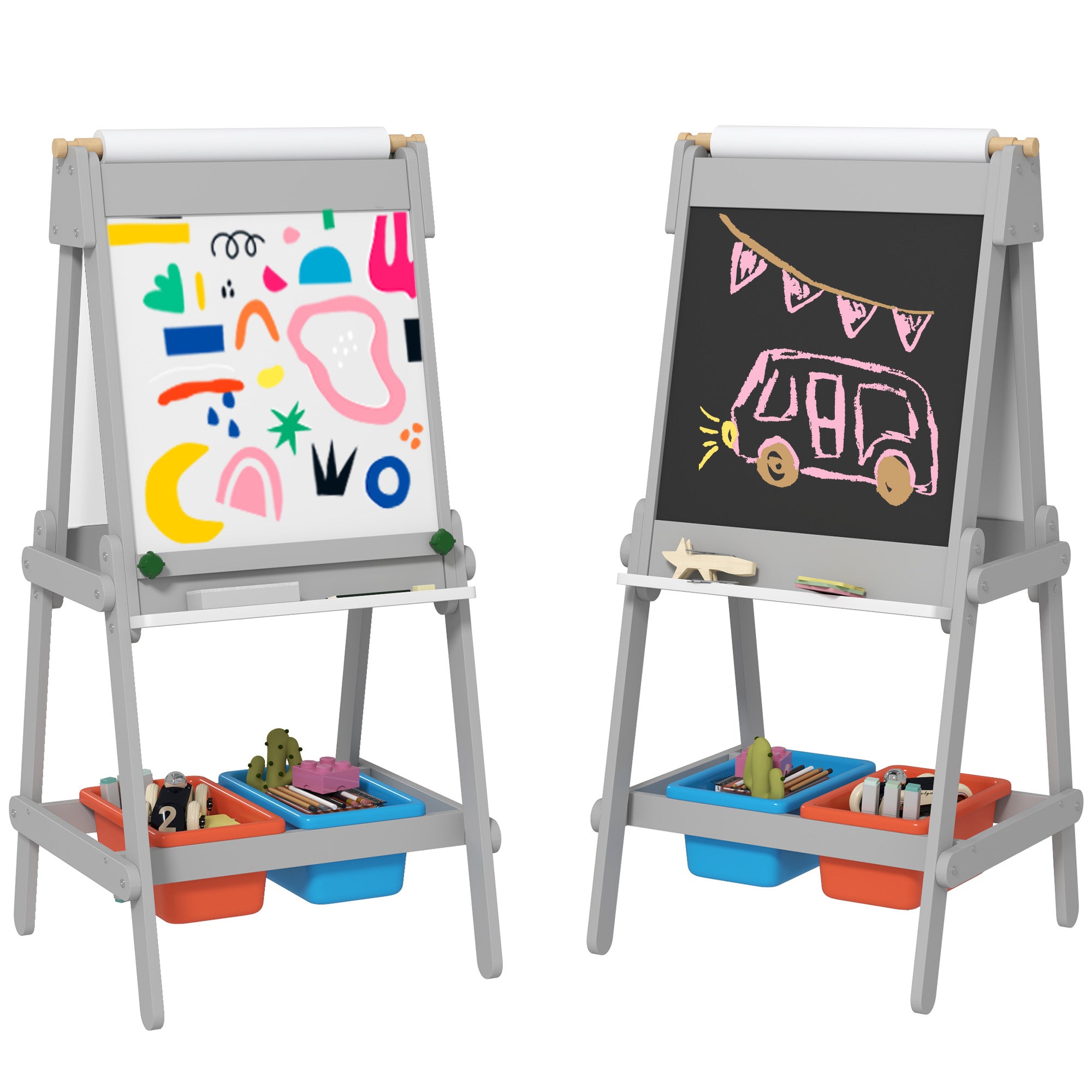 3-in-1 Kids Art Easel with Paper Roll and Storage Boxes - White