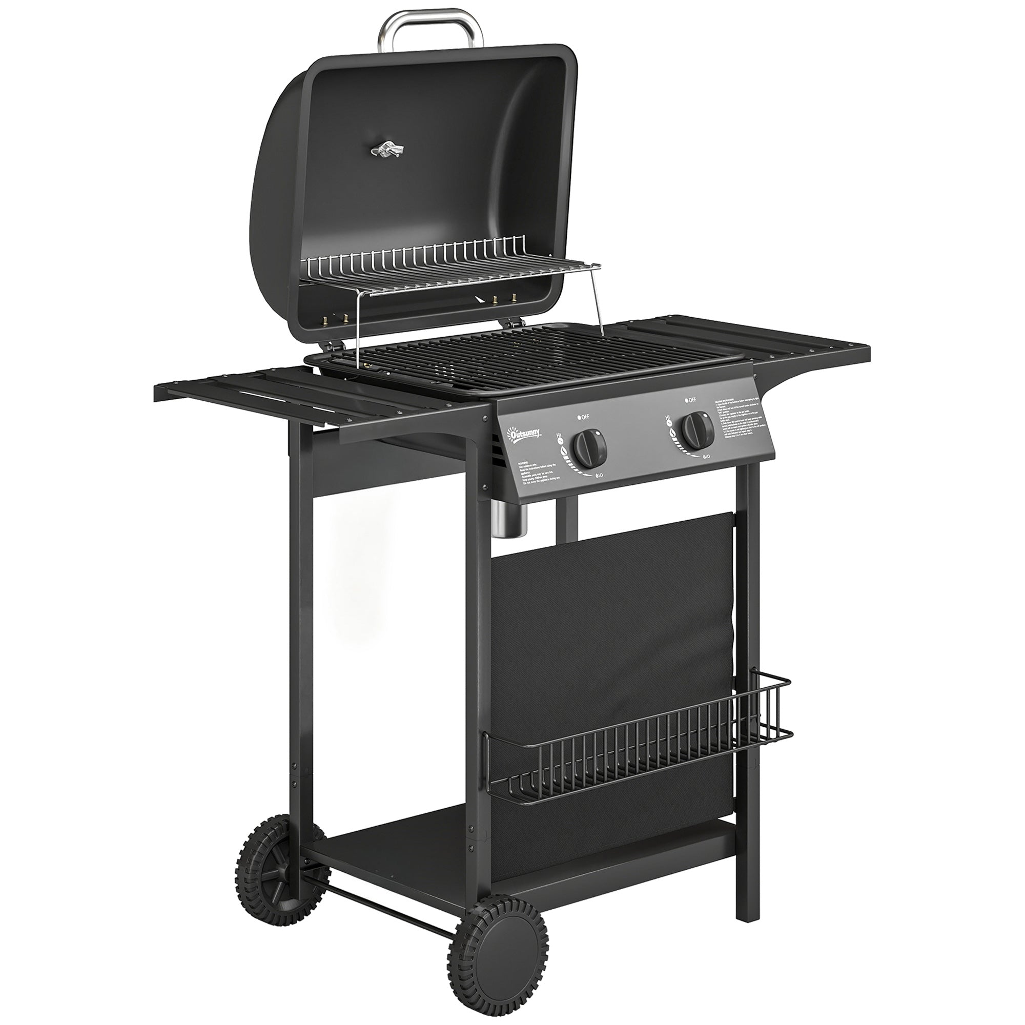 Gas Burner Barbecue Grill, 2 Burner Gas Grill with Side Tables, Warming Rack, Shelf, Thermometer, Grease Tray, Black