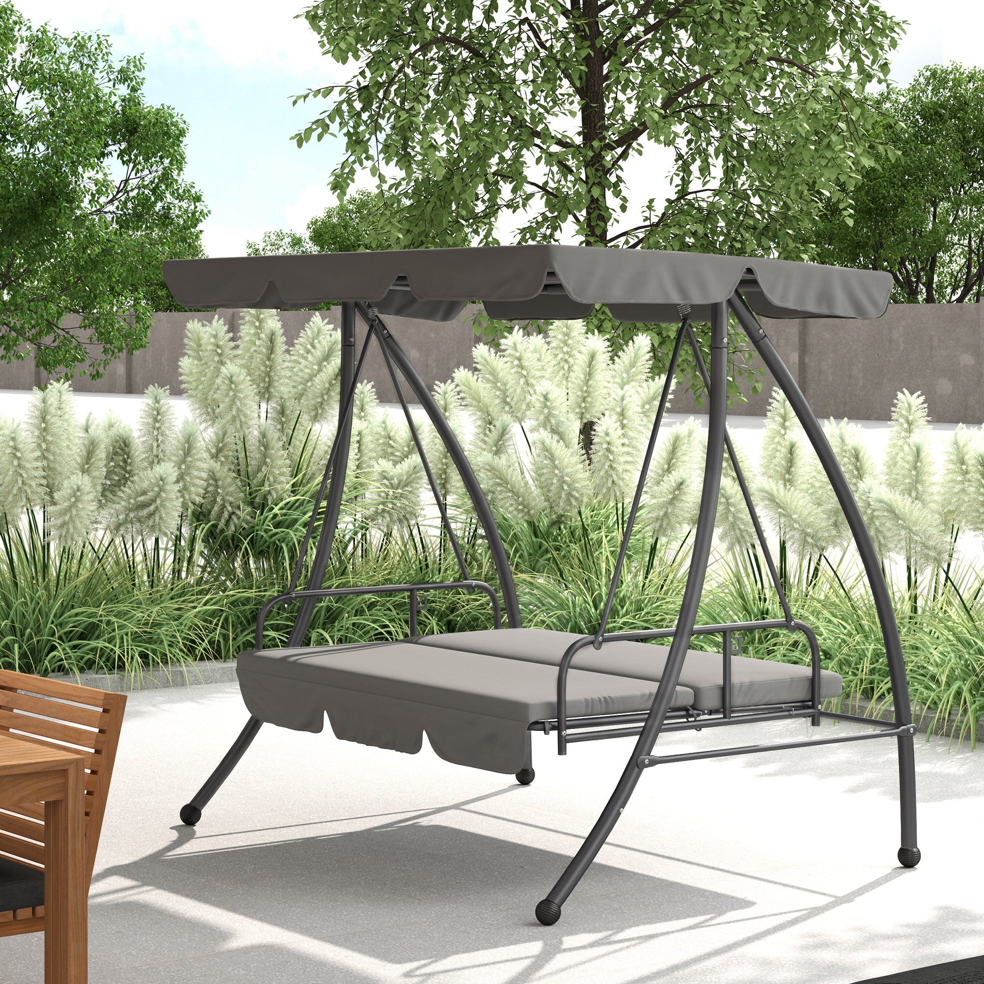 Outdoor 2-in-1 3-Seater Swing Chair Lounger with Convertible Bed and Canopy - Light Grey