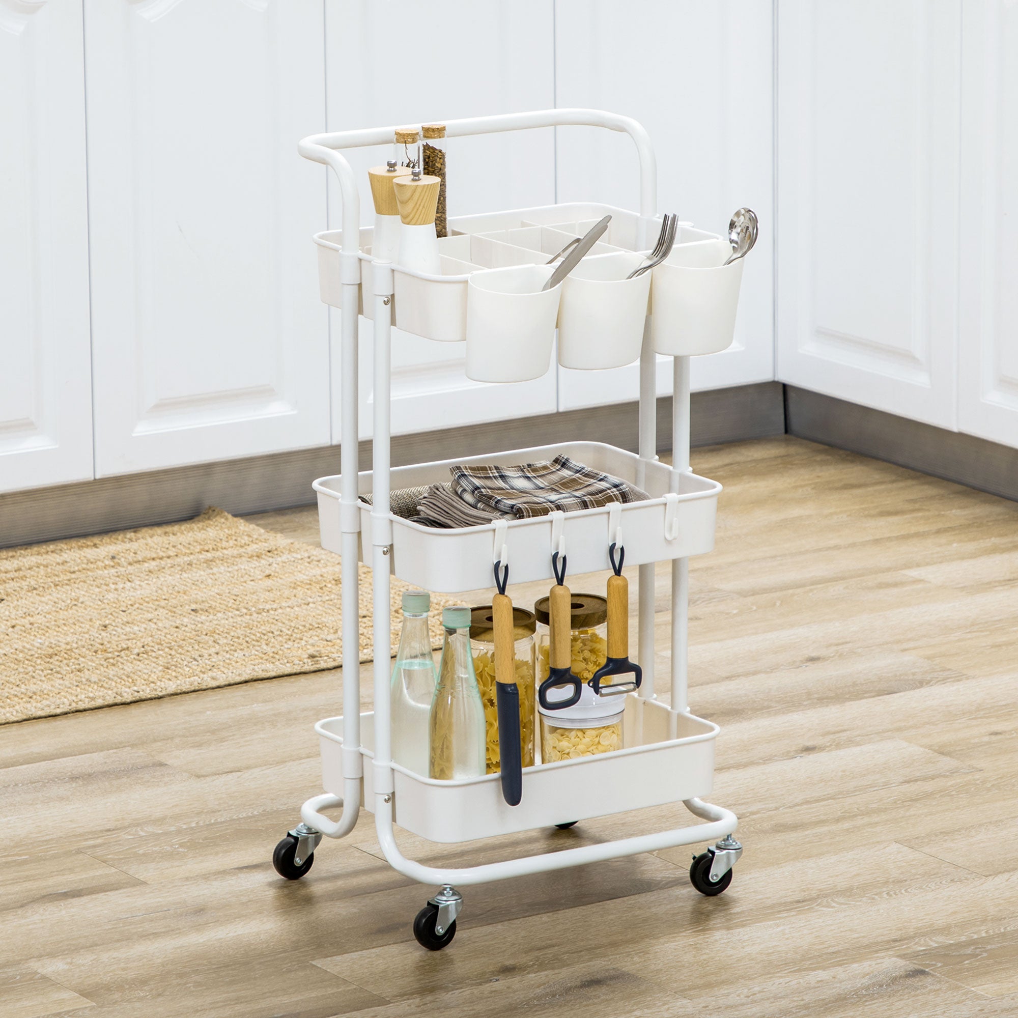 Three-Tier Home Trolley, with Handle and Wheels - White