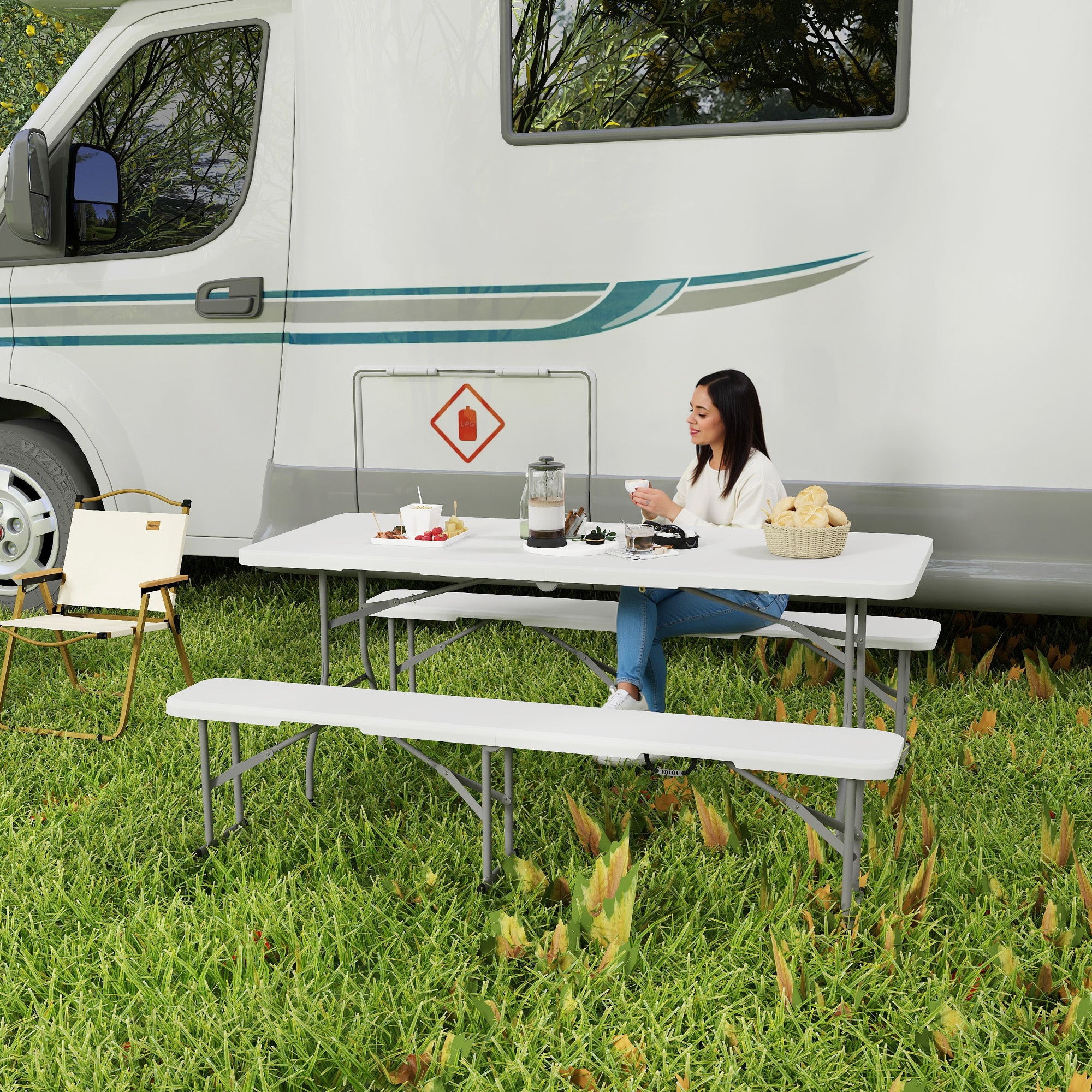 Portable 3 Piece Folding Picnic Table and Bench Set for Outdoor Use - White