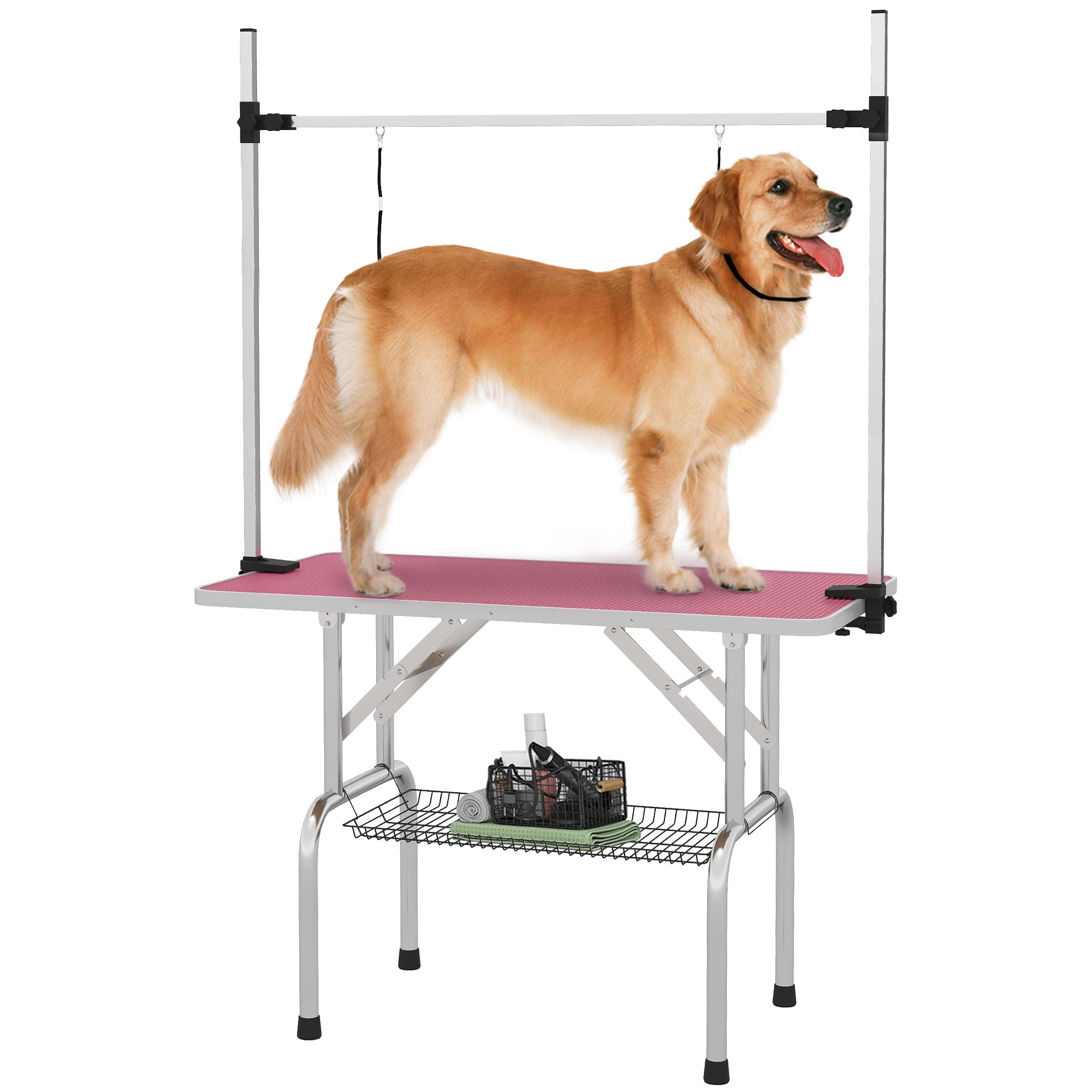 42" Dog Grooming Table, Adjustable Pet Cat Drying Beauty Table with 2 Loops Storage Basket, Rubber Top, Pink