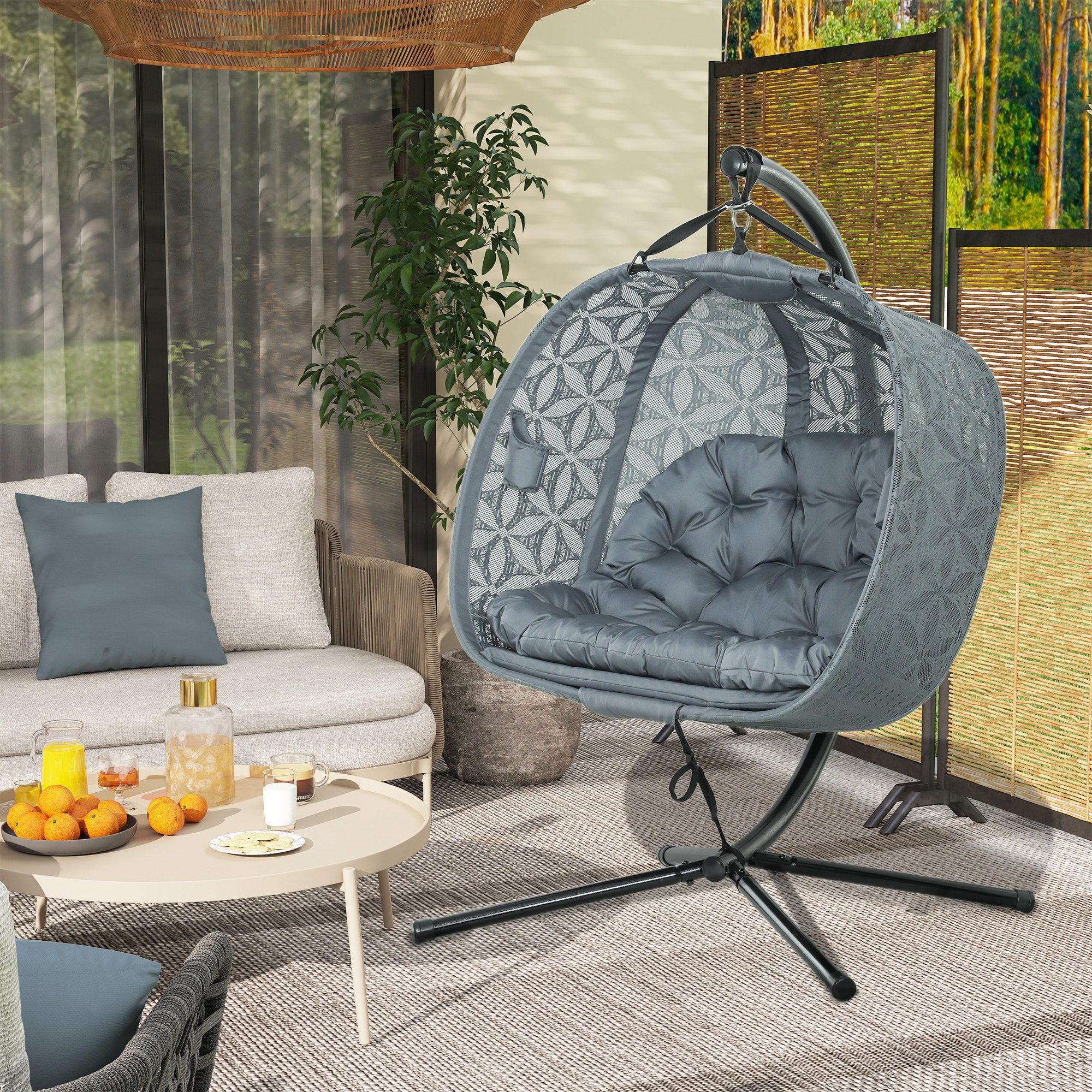 Outdoor Double Hanging Chair with Cushion and Cup Holders - Charcoal Grey