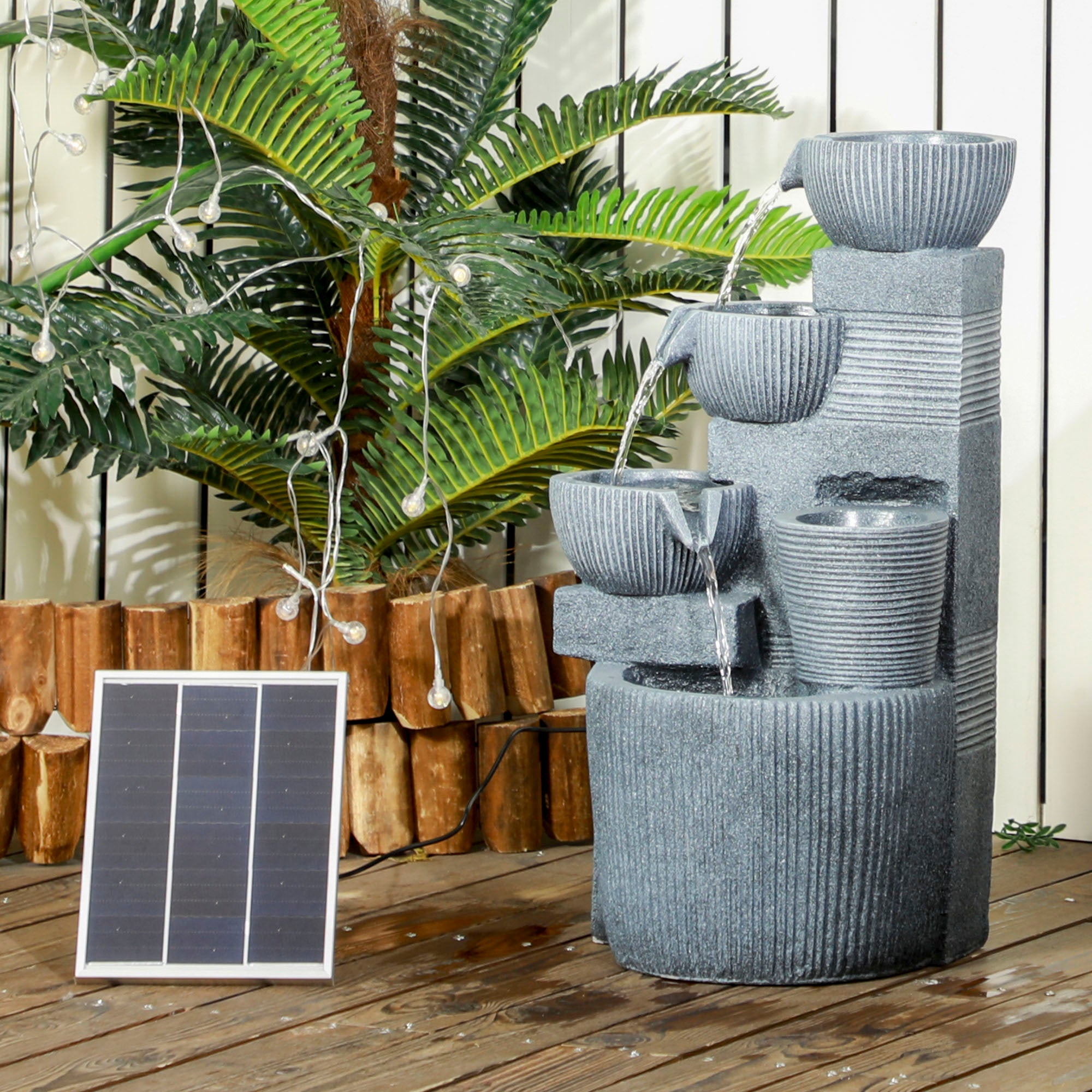 Solar Powered Four-Tier Outdoor Water Fountain with LED Lighting - Dark Grey