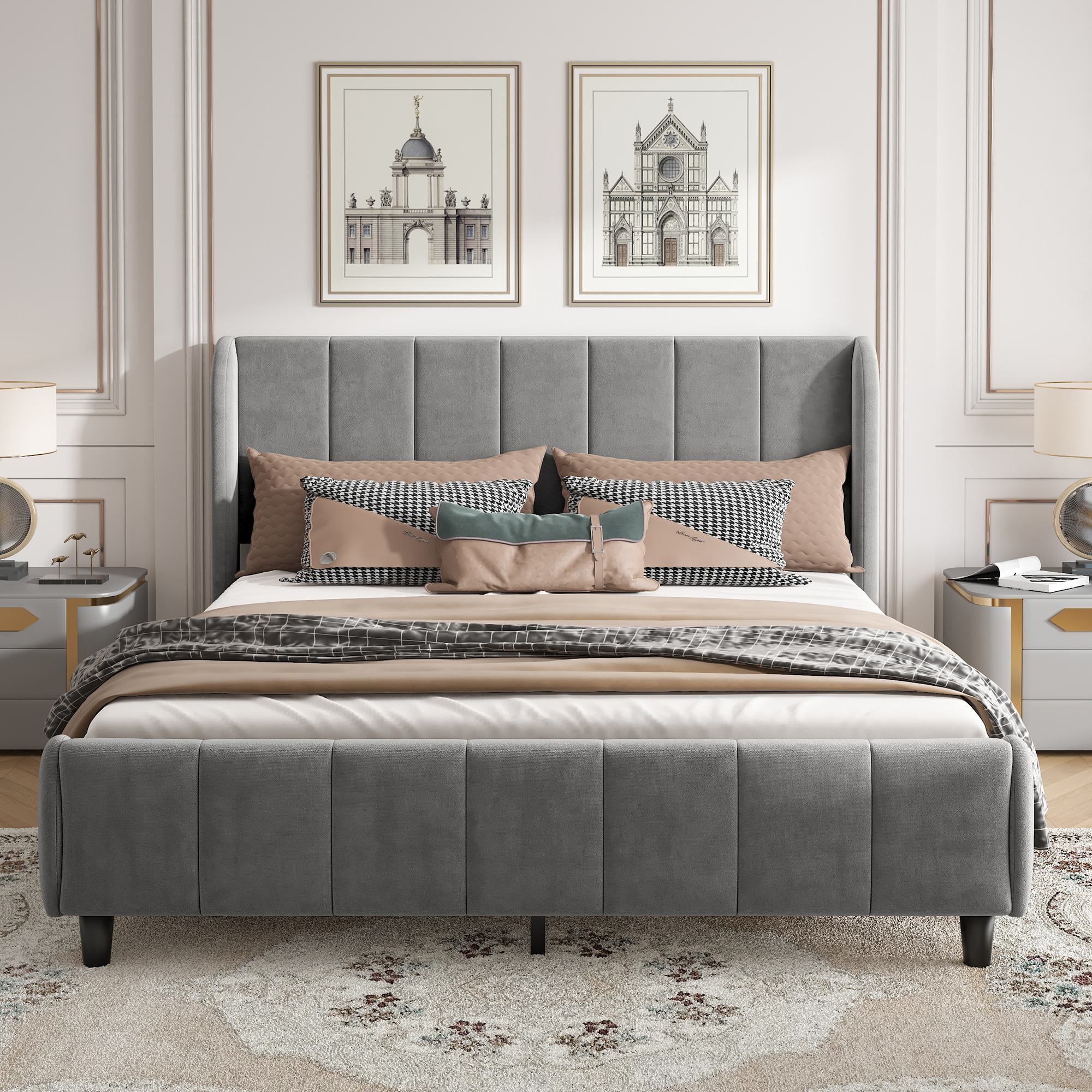 Double Upholstered Bed with Soft Velvet Backrest - Gray