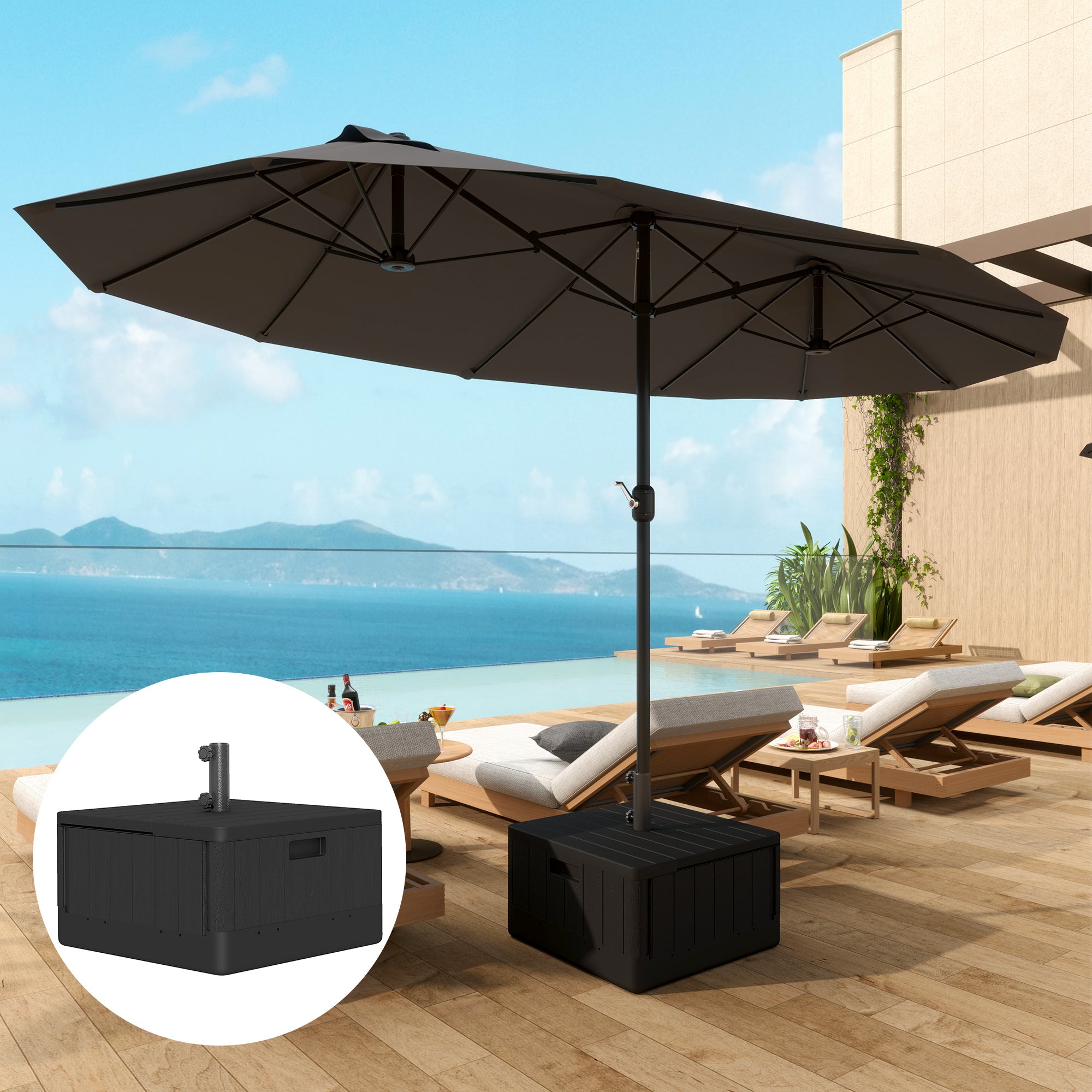 Garden Parasol Base for 38 & 48mm Poles with Wheels and Handles, 80kg Sand or 50kg Water Fill - Black