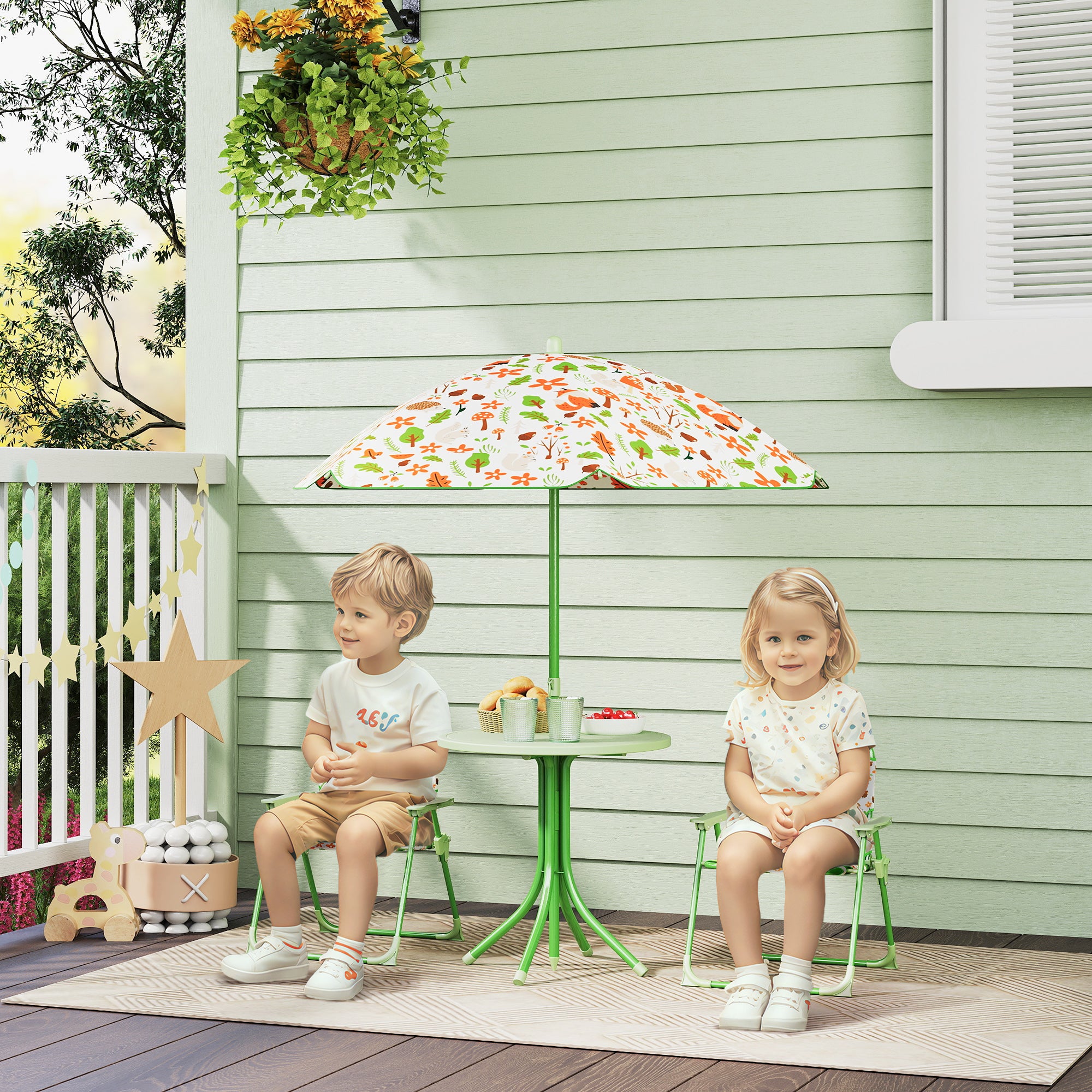 Kids 4-Piece Garden Table and Folding Chair Set with Adjustable Parasol, Fox Pattern - Green