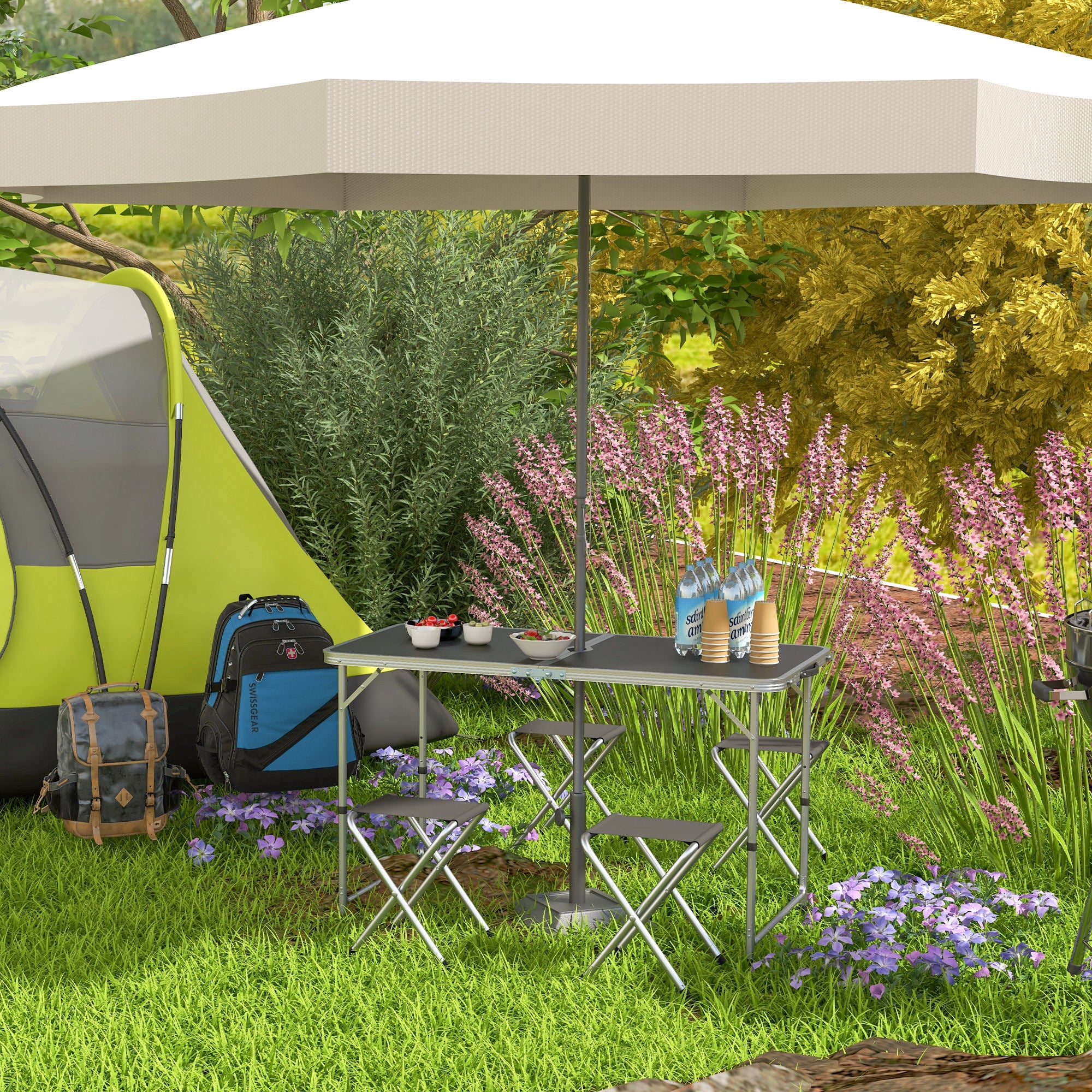 Four-Person Foldable Aluminium Picnic Set with Parasol Hole - Silver
