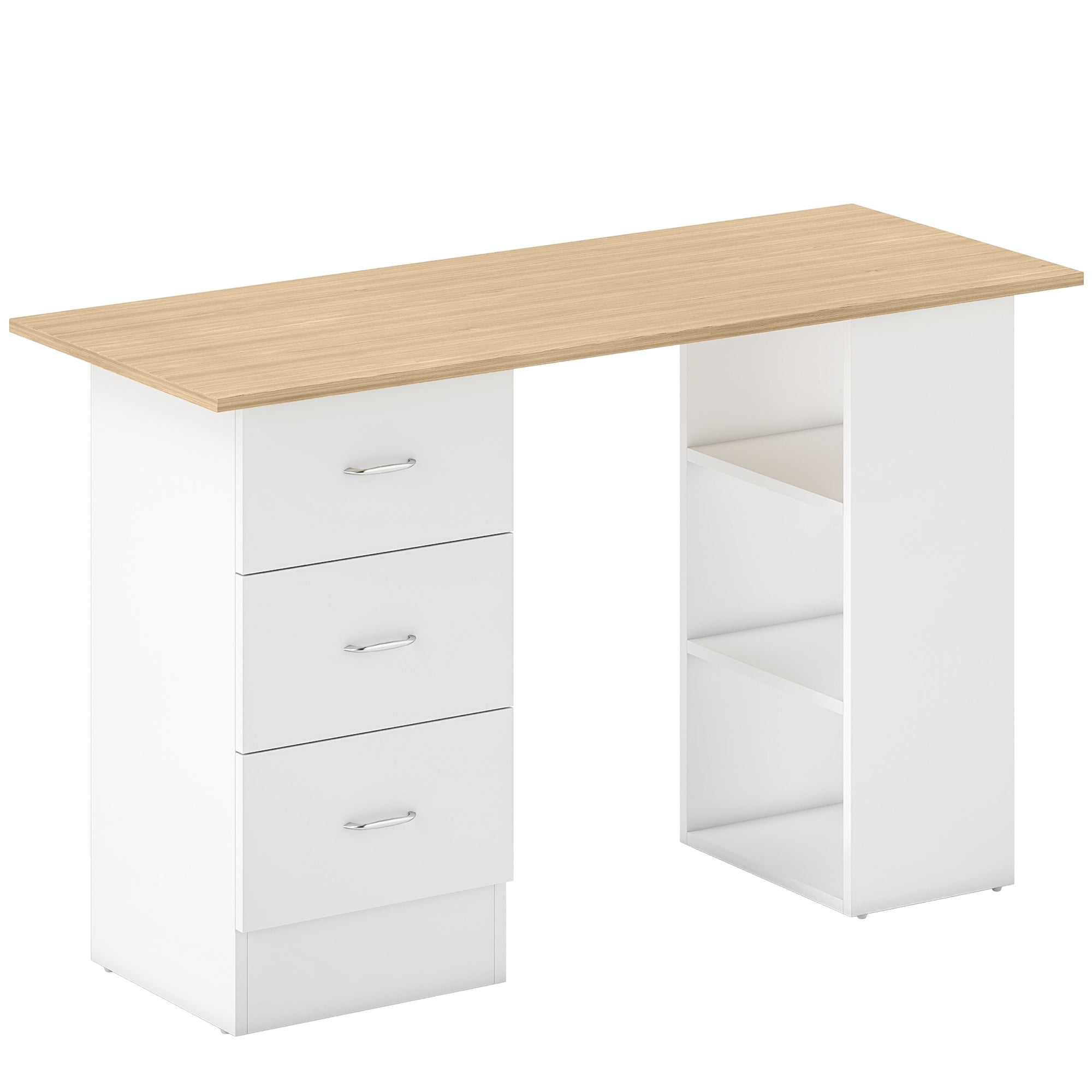 Computer Desk with Drawers, Home Office Desk, Writing Table, PC Workstation with 3 Storage Shelves for Working, Study, 120 x 49 x 72 cm, Natural Wood Finish and White