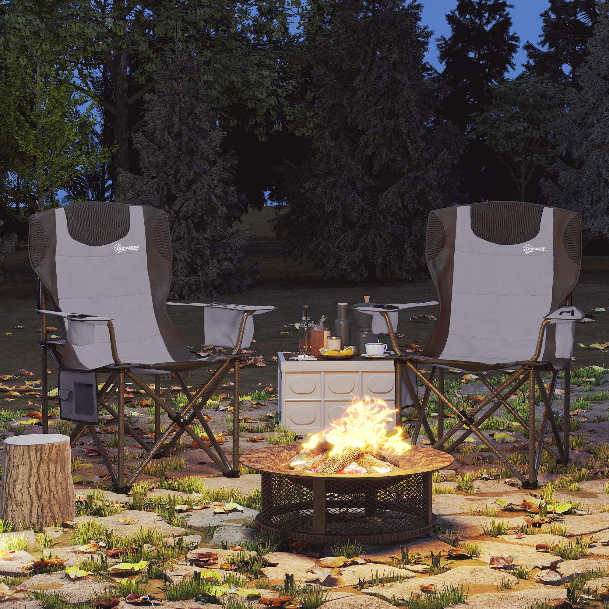 Comfortable Padded Folding Camping Chairs Set of 2 with Cooler Bag - Grey