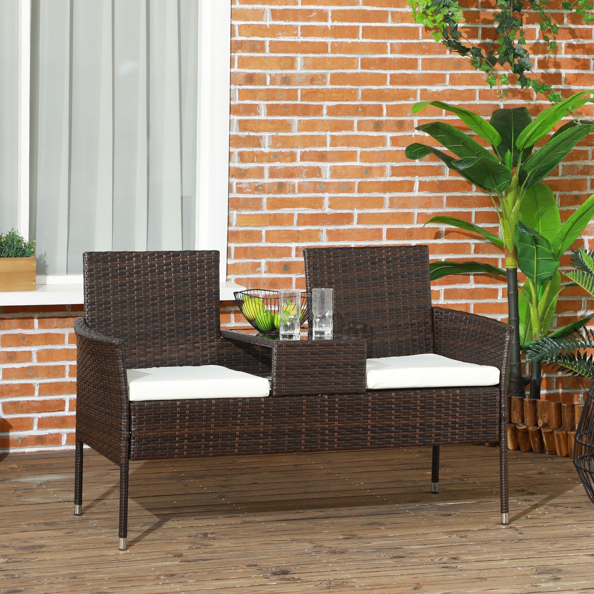 Two-Seat Rattan Chair with Tempered Glass Middle Table - Brown