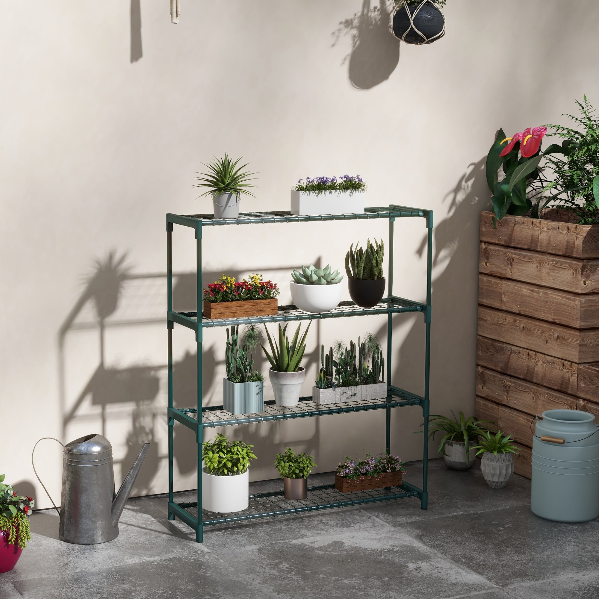 Four Tier Steel Plant Shelf with Sturdy Frame and Grid Shelves - Black