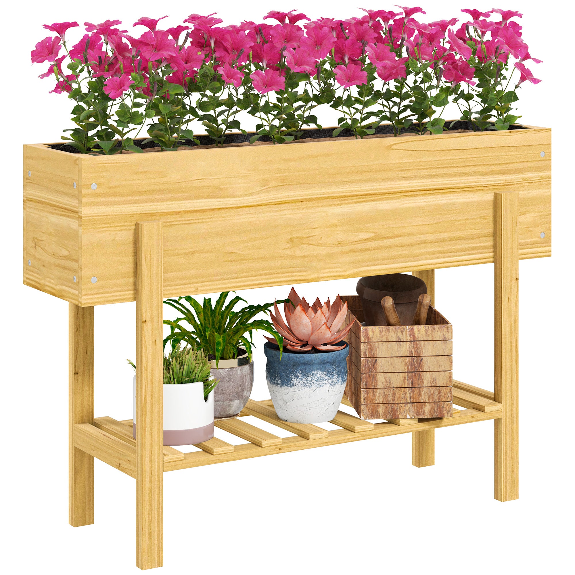 Wooden Raised Garden Bed with Drainage Holes and Storage Shelf - Natural Finish