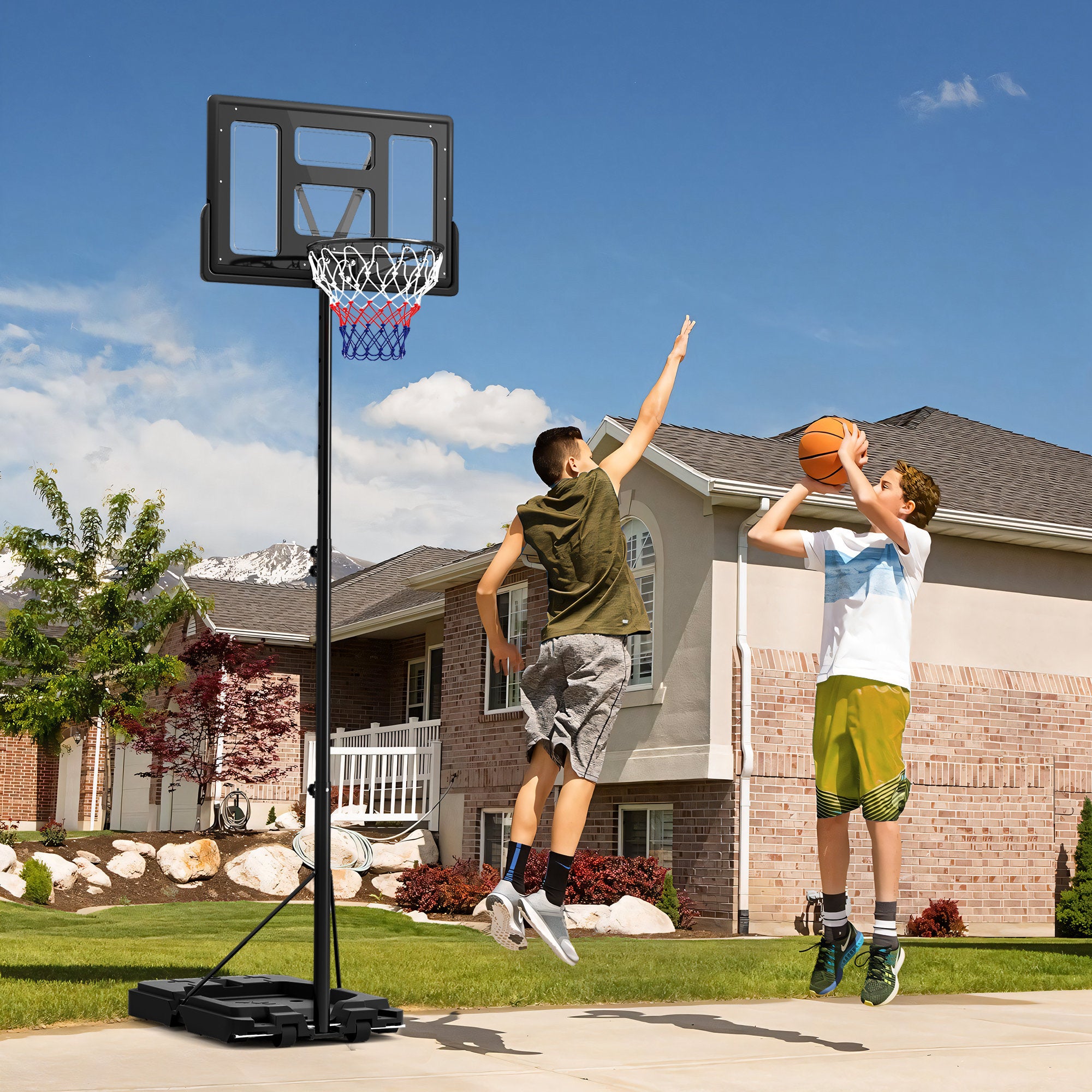 Basketball Hoop Outdoor, Basketball Hoop and Stand with 10-Level Adjustable Height, Weighted Base, Portable on Wheels, 2.3-3.05m, for Teens, Juniors, Adults
