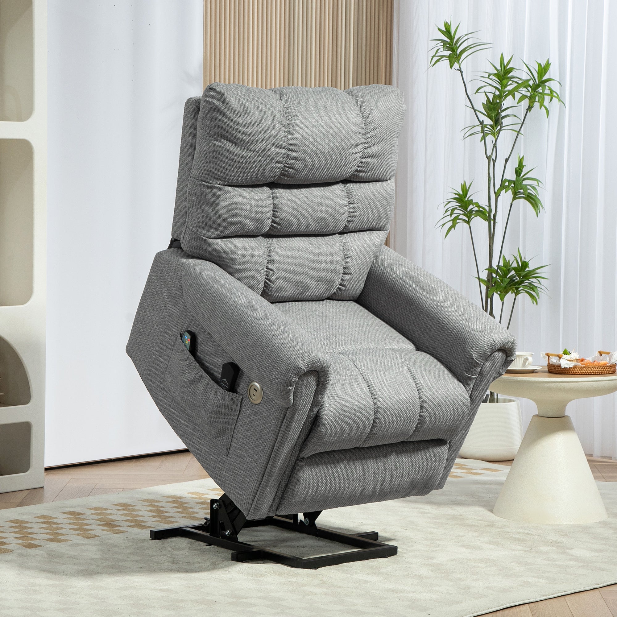 Power Lift Riser Recliner Chair with Heat, Massage and USB Ports – Grey Linen Look