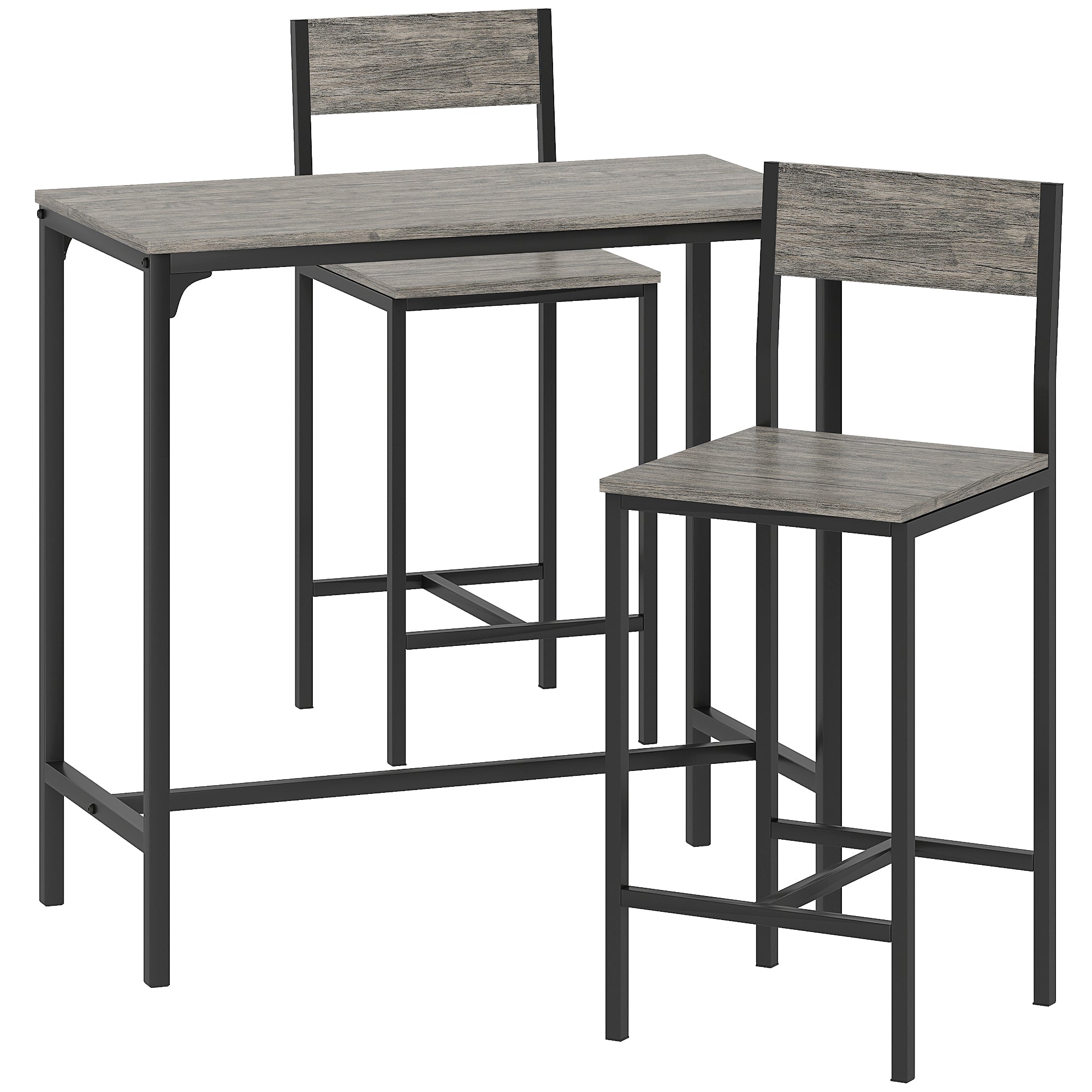3-Piece Bar Table Set with 2 Stools, Industrial Breakfast Bar Set with Footrest, Backrest for Dining Room, Small Space