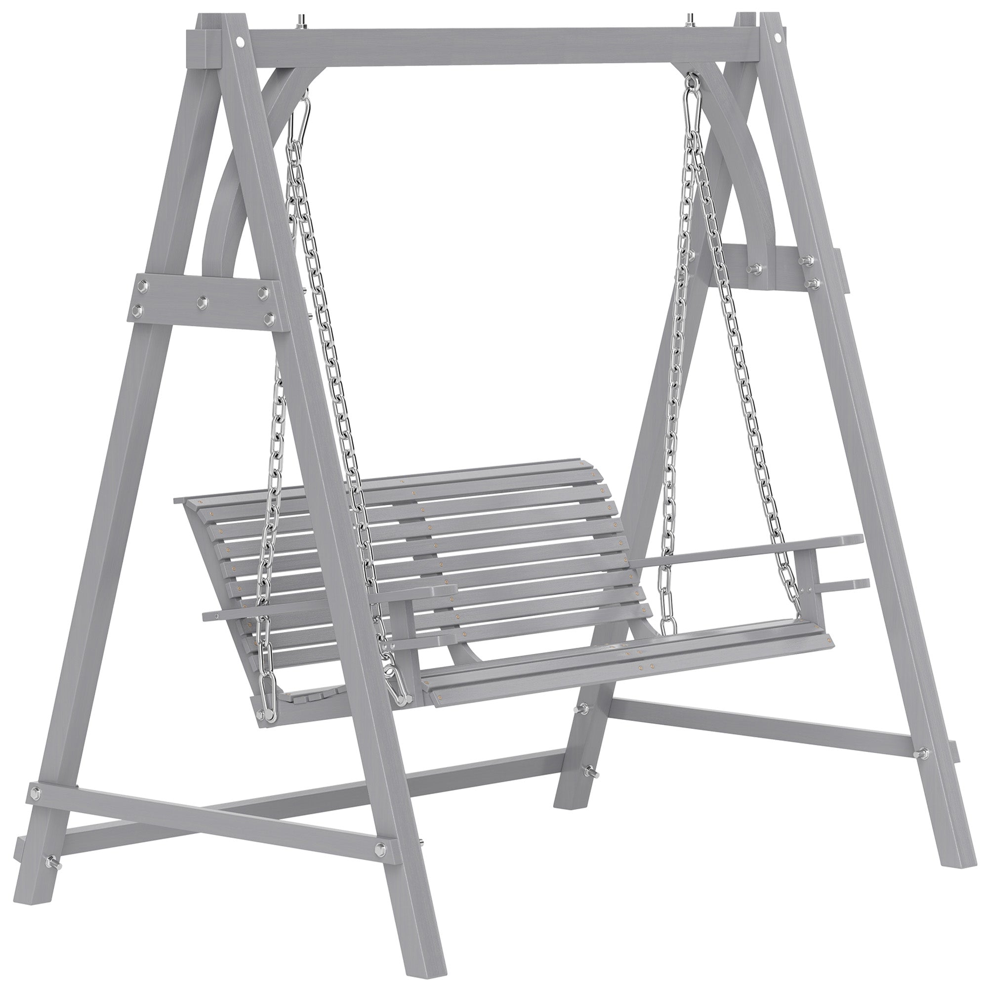 2 Seater Larch Wood Garden Swing Seat Bench with Cup Trays - Grey