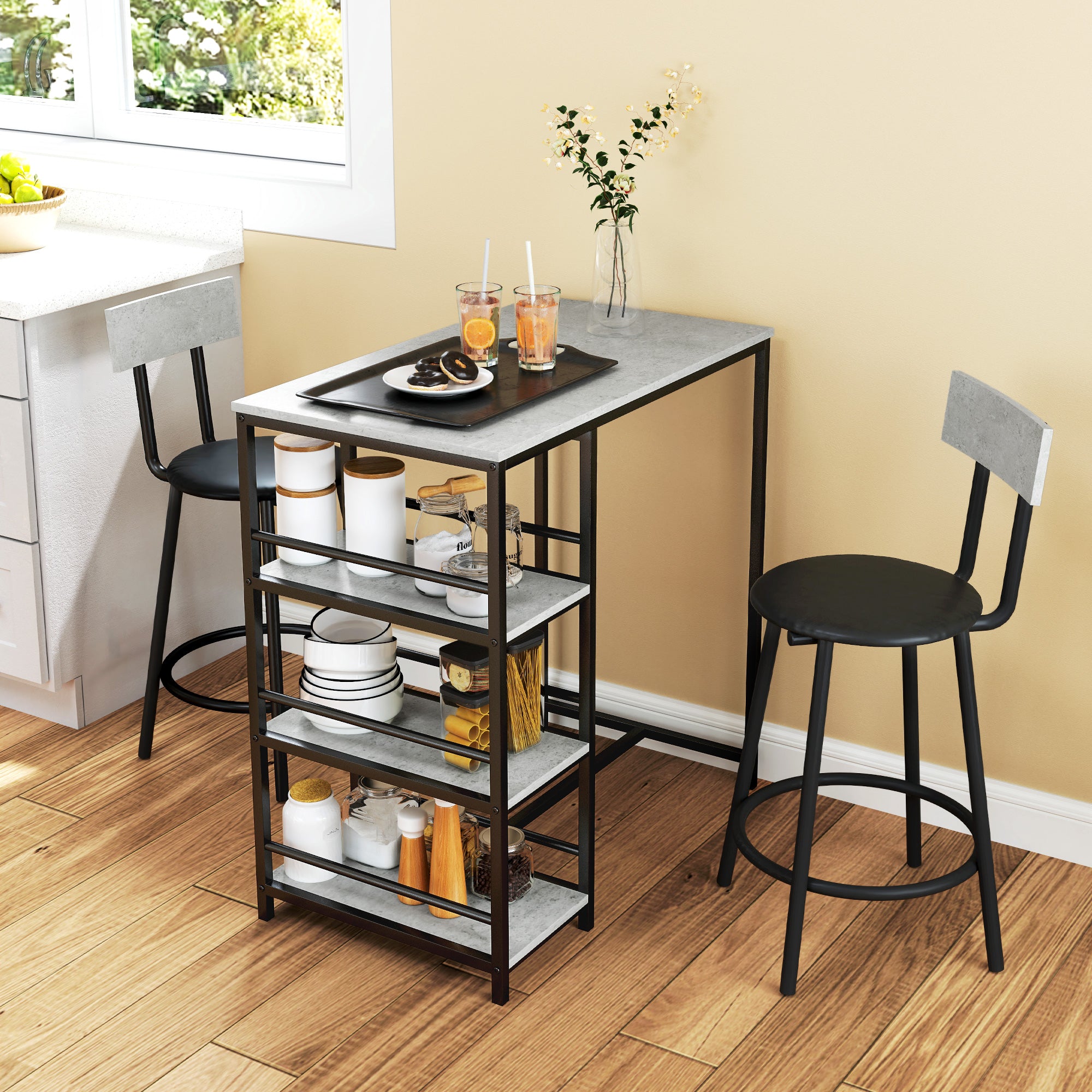 Three-Piece Kitchen Dining Set with Shelves - Grey/Black