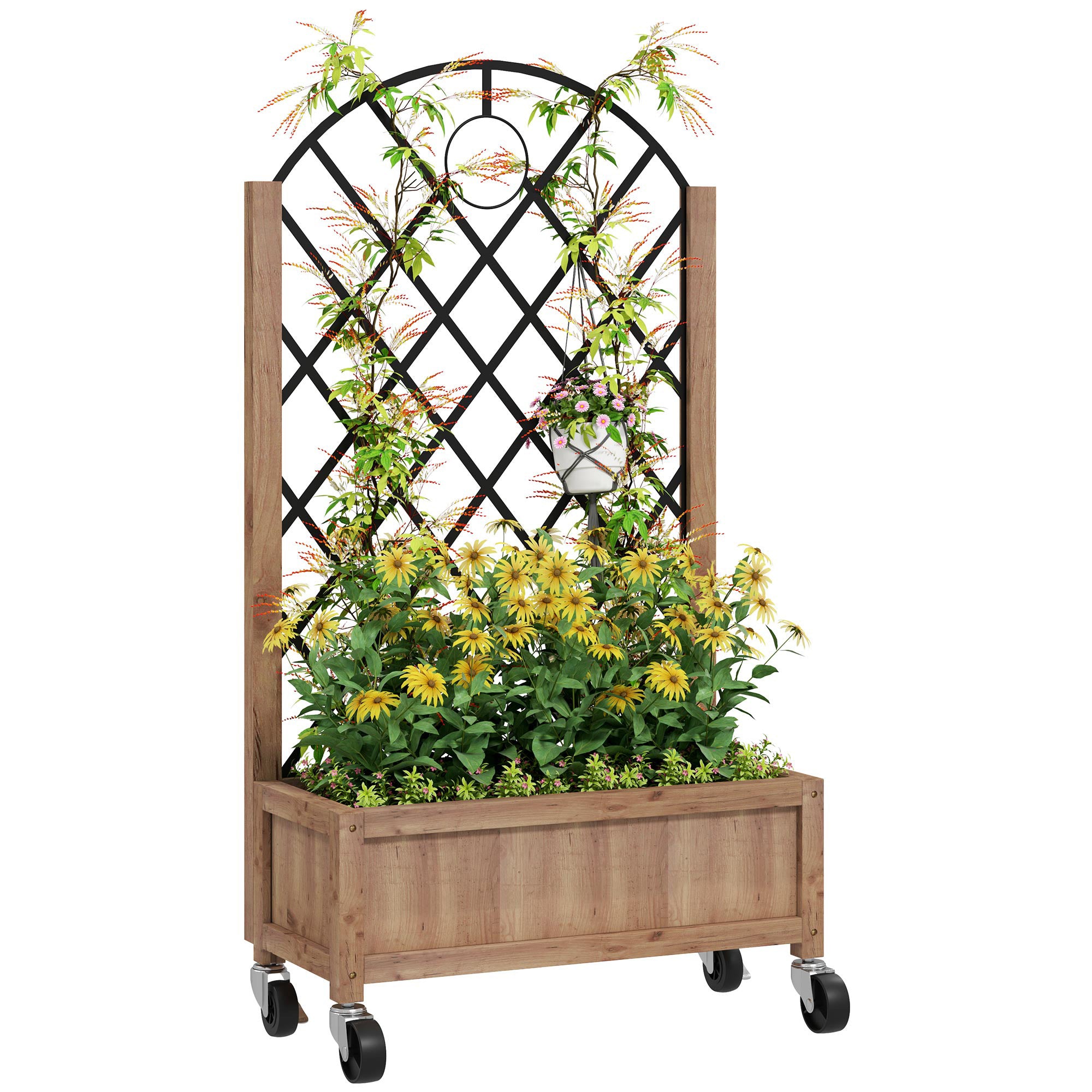 Wooden Planter with Metal Trellis and Wheels - Brown Black