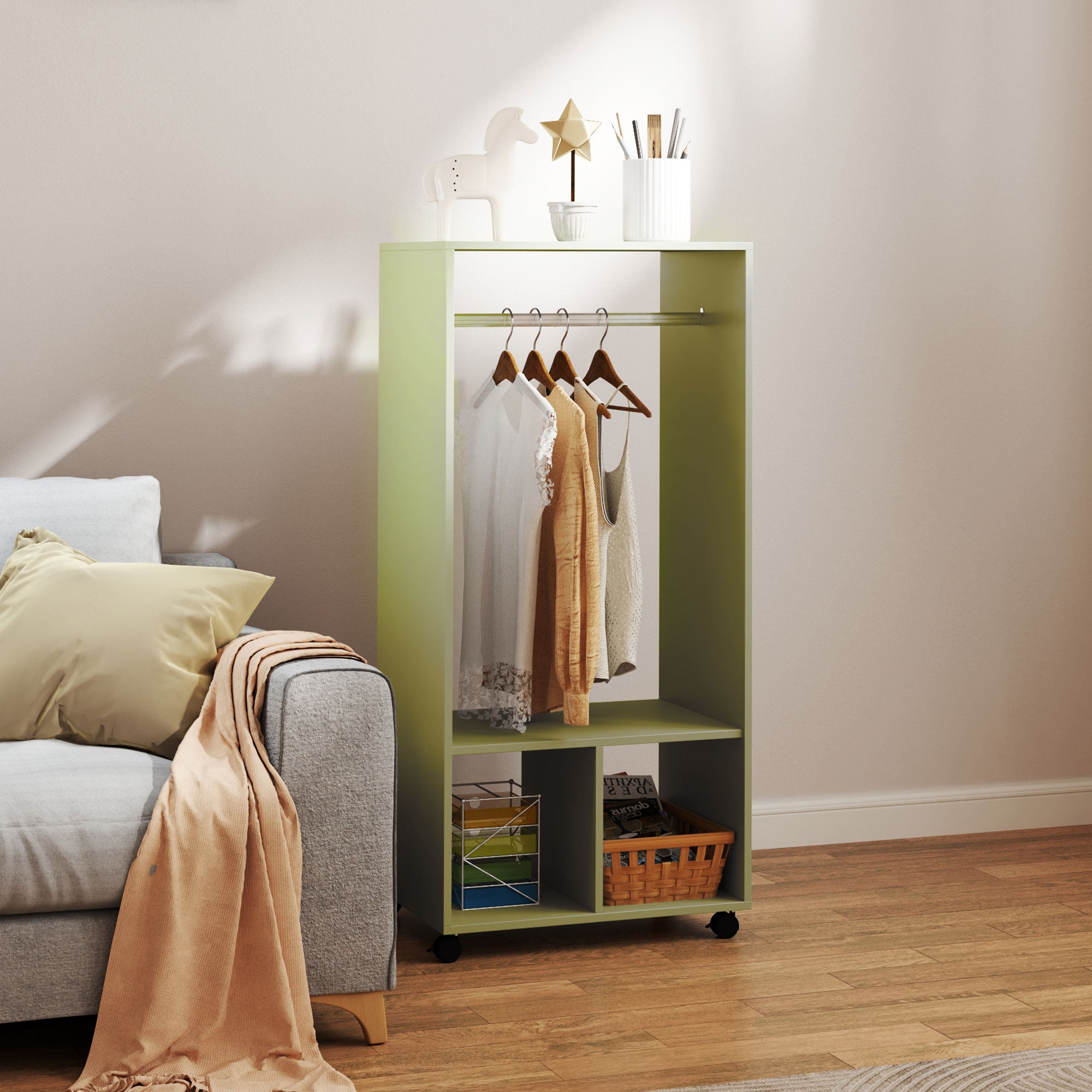 Mobile Open Wardrobe with Clothes Hanging Rail and Storage Shelves - Green