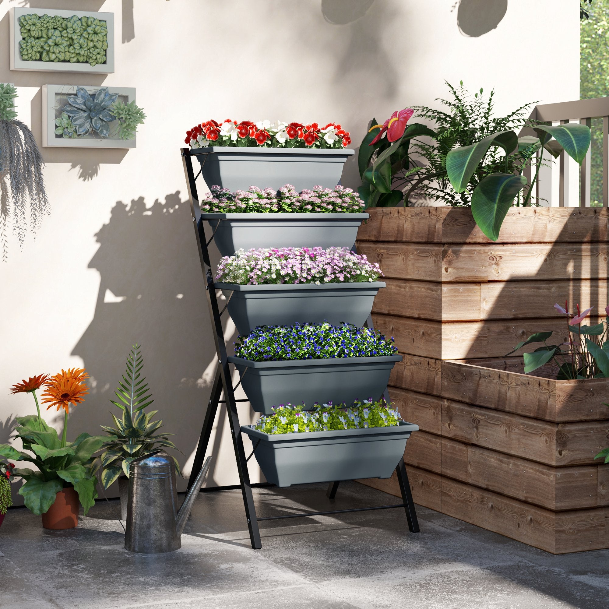 5-Tier Raised Garden Bed, Vertical Ladder Plant Stand with 5 Removable Boxes, Drainage Holes and Plugs, Indoor Outdoor Elevated Flower Herb Growing Box for Garden Patio Balcony, Grey