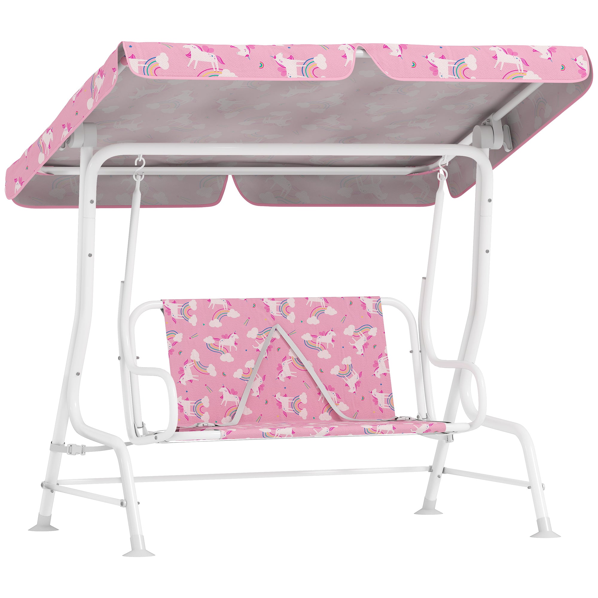 Kids Porch Swing, 2-Seater Patio Swing Bench Hammock with Seat Belts, Adjustable Canopy for Garden, Pink