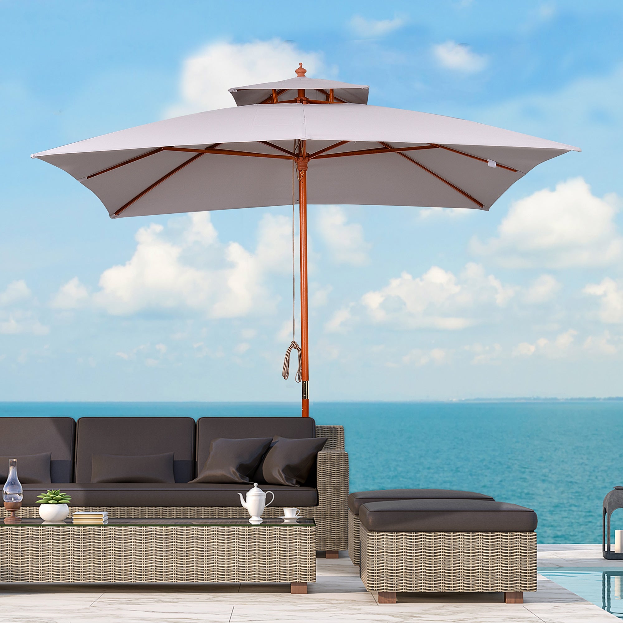 3 Piece Large Double Tier Outdoor Garden Parasol - Grey