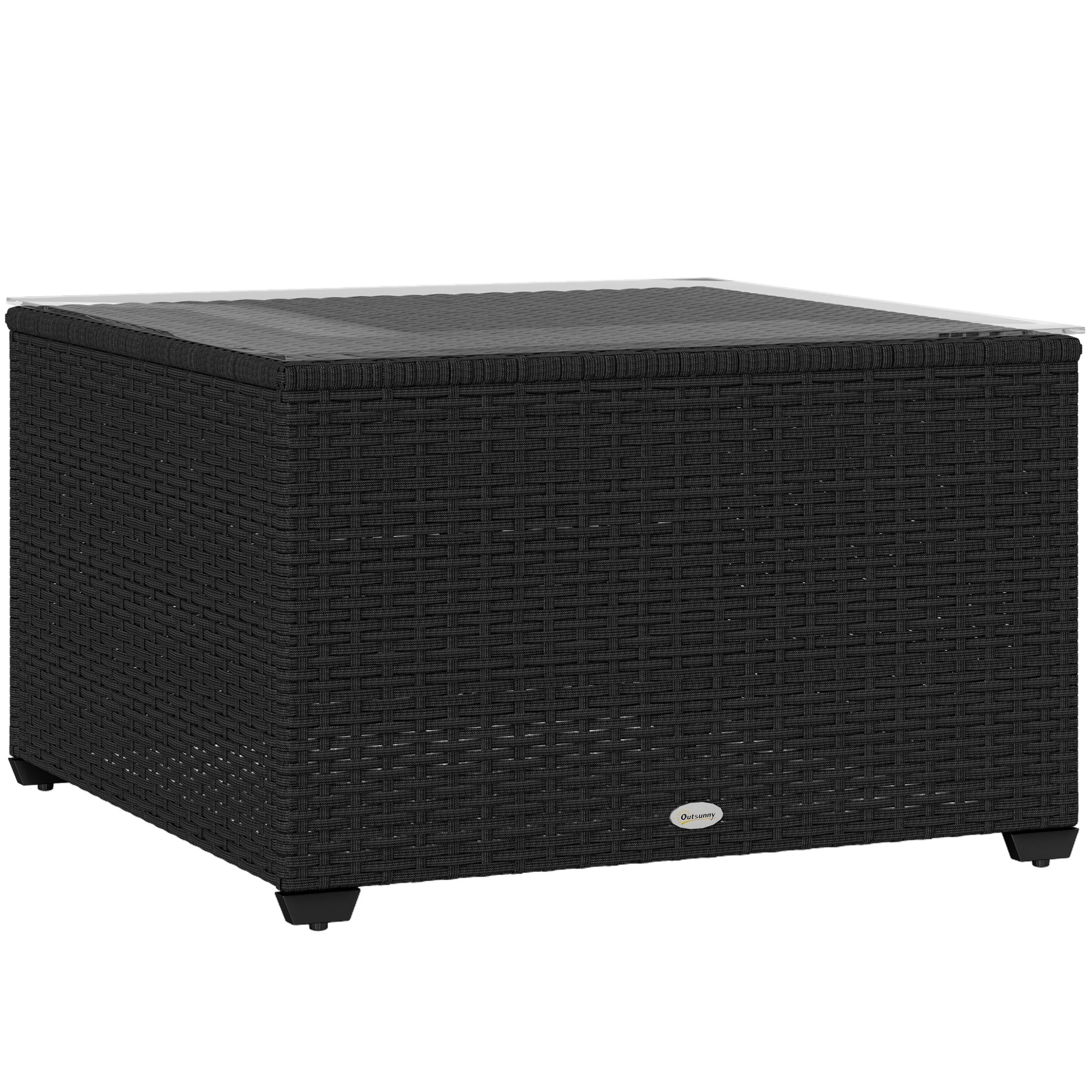 62cm Rattan Side Table with Tempered Glass Top - Black