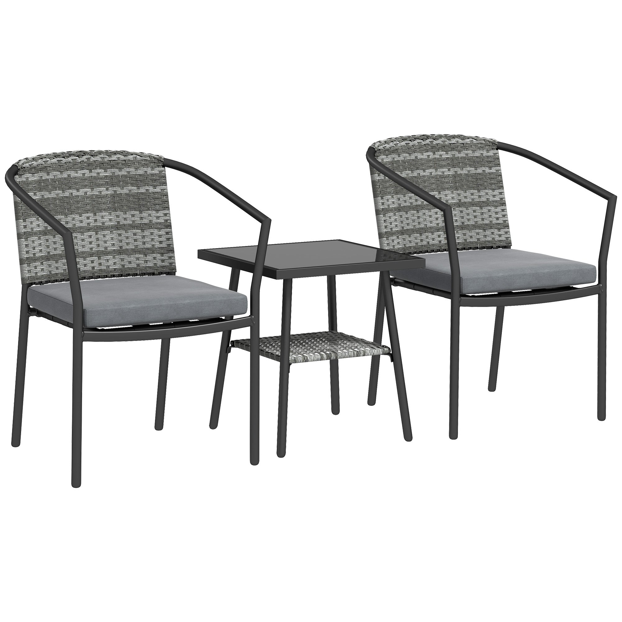 3 Piece Grey Rattan Bistro Set with Cushions and Glass Top Table