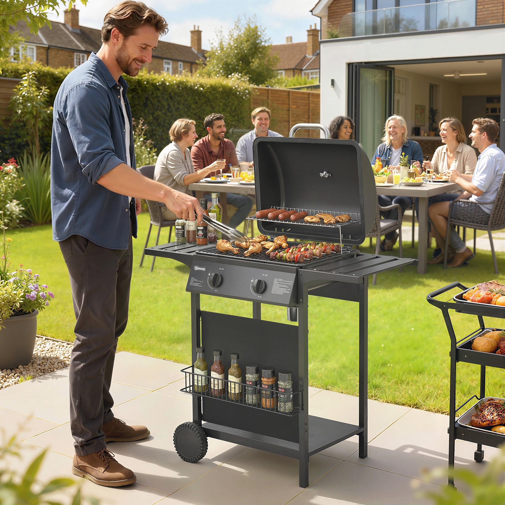 Gas Burner Barbecue Grill, 2 Burner Gas Grill with Side Tables, Warming Rack, Shelf, Thermometer, Grease Tray, Black