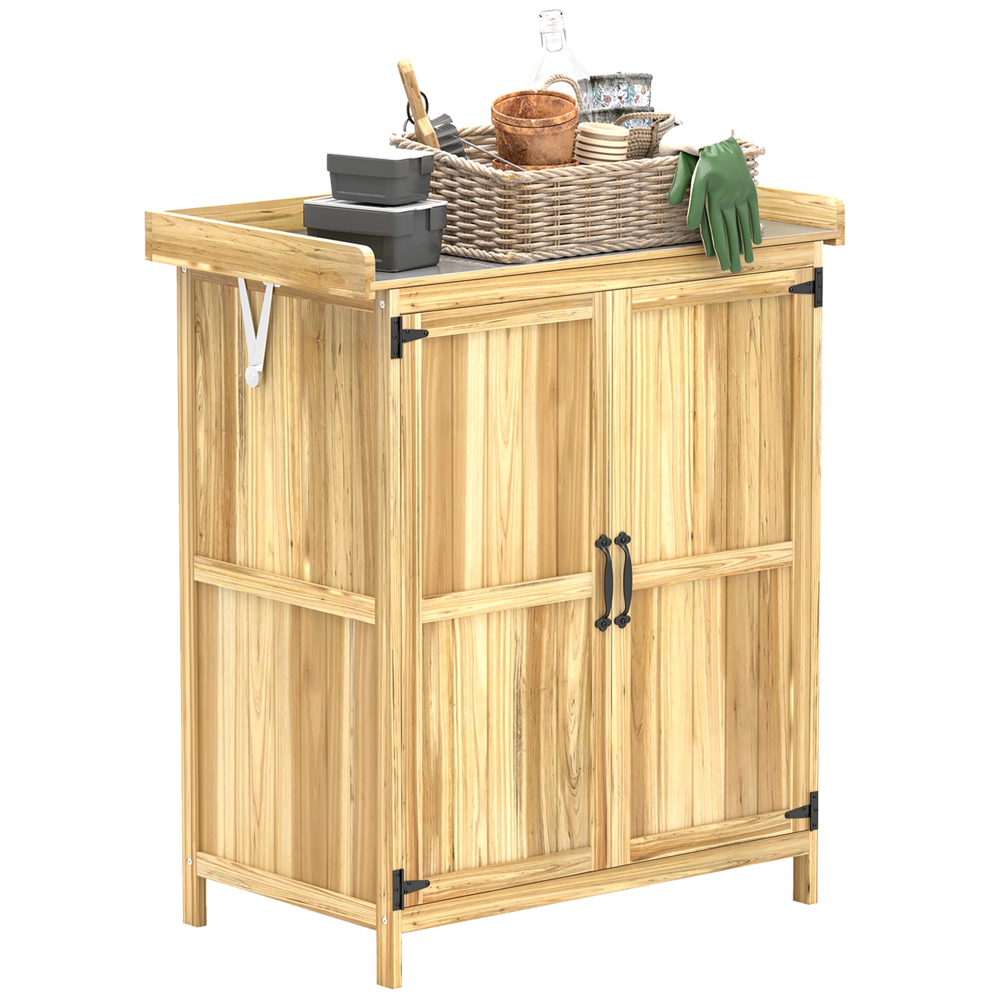 Fir Wood Garden Storage Shed with Metal Worktop and Hinged Roof - Natural Finish