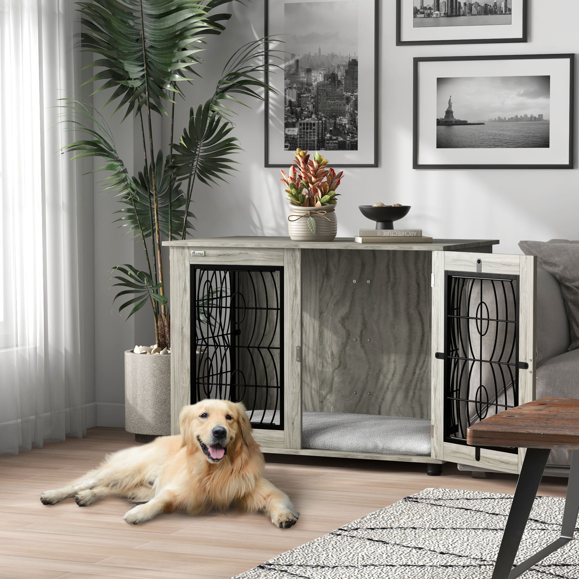 Indoor Dog Crate Furniture End Table with Soft Washable Cushion, Lockable Front Door, for Large Dogs - Grey