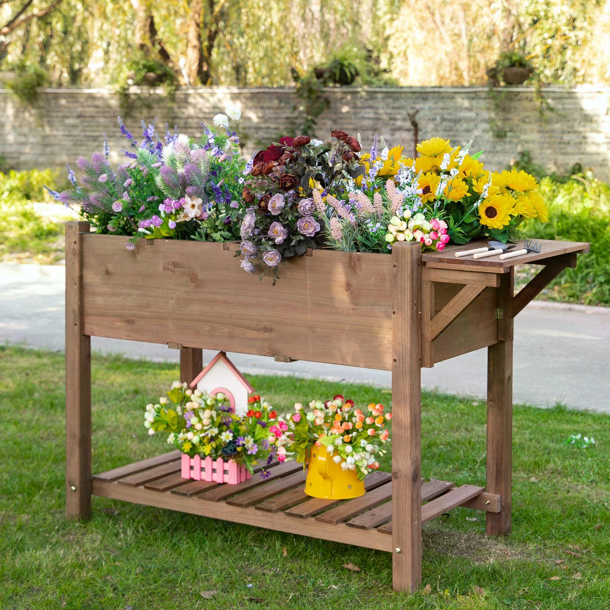 Wooden Raised Garden Plant Stand Tall Flower Bed with Shelf 123 x 54 x 74cm
