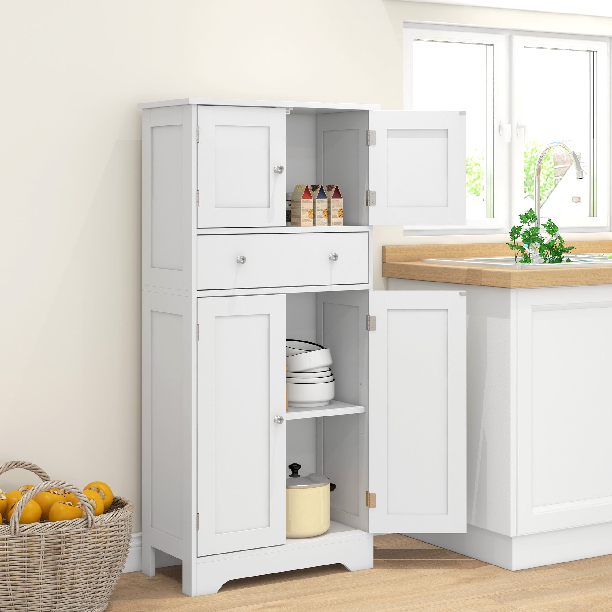 Multi-Storage Freestanding Kitchen Cabinet with Cupboards and Drawer - White
