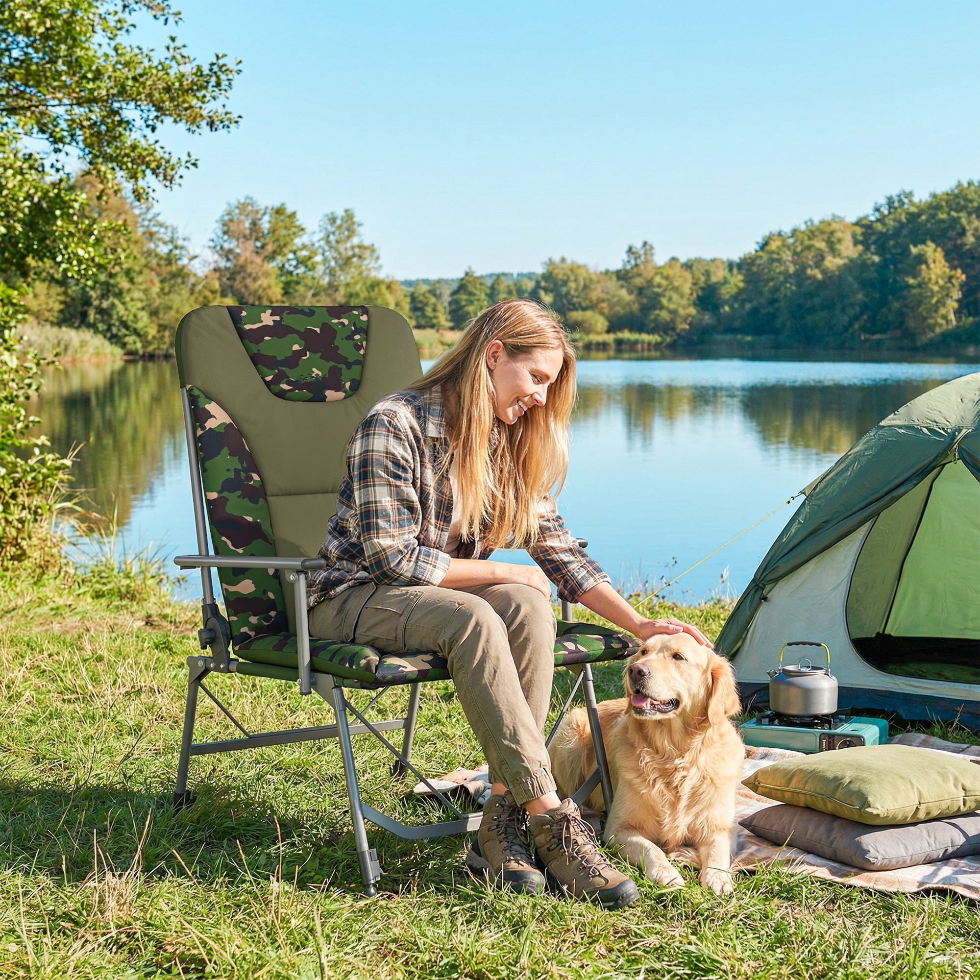Camping Chair Padded Reclining Folding Chair with Wide Armrests for Adults Camouflage