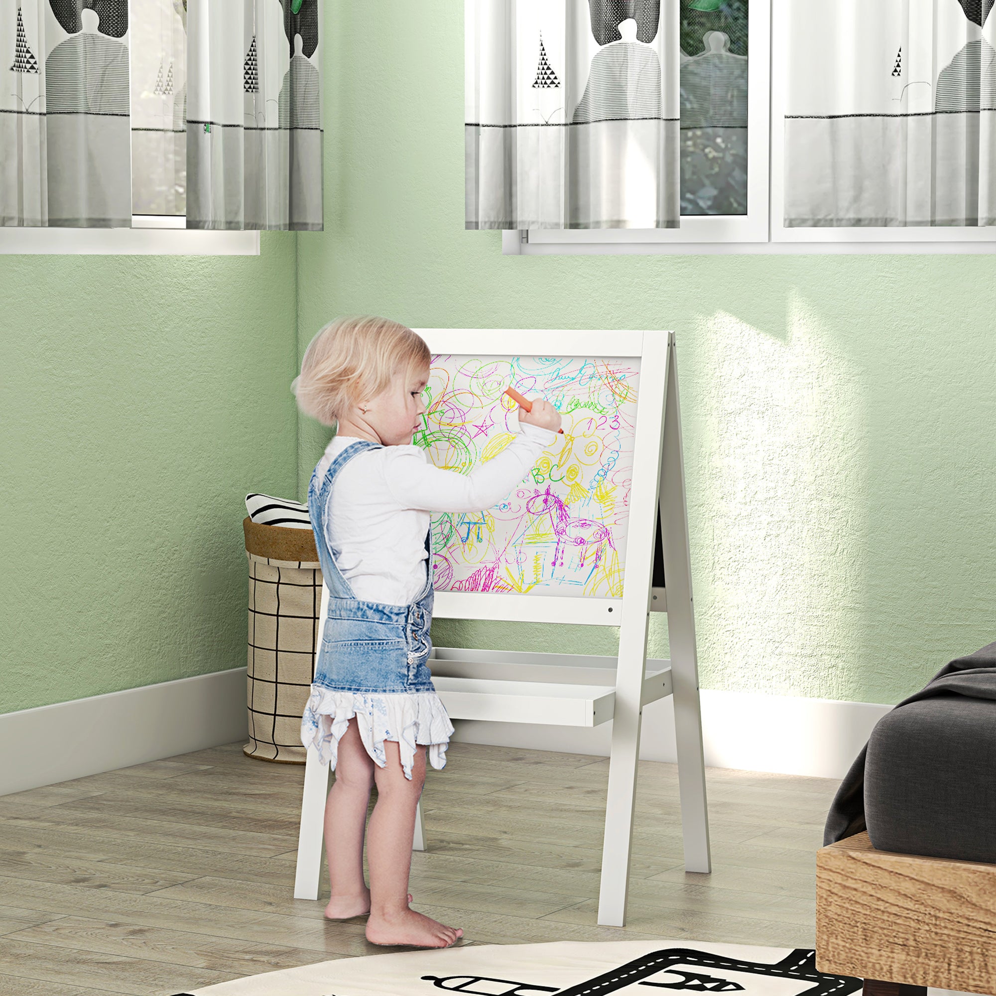 2 in 1 Kids Easel with Double Sided Whiteboard and Chalkboard - White