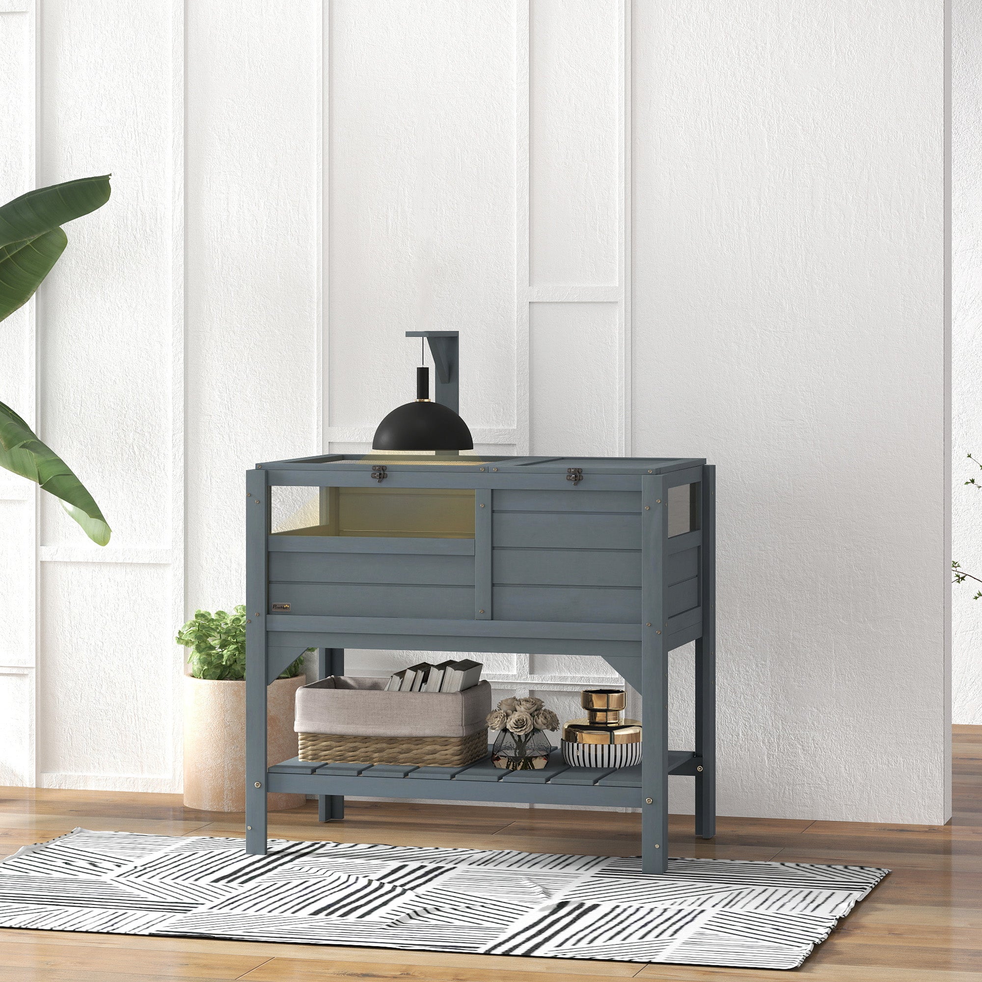 Wooden Tortoise House with Shelter, Run, Lamp Holder, Shelf & Tray - Grey