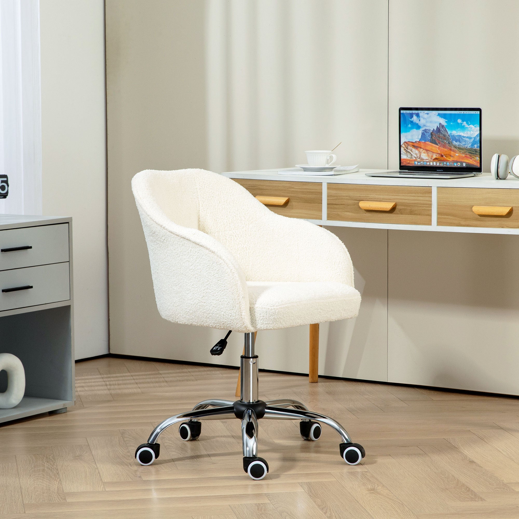 Teddy Fleece Swivel Office Chair with Adjustable Height - Cream