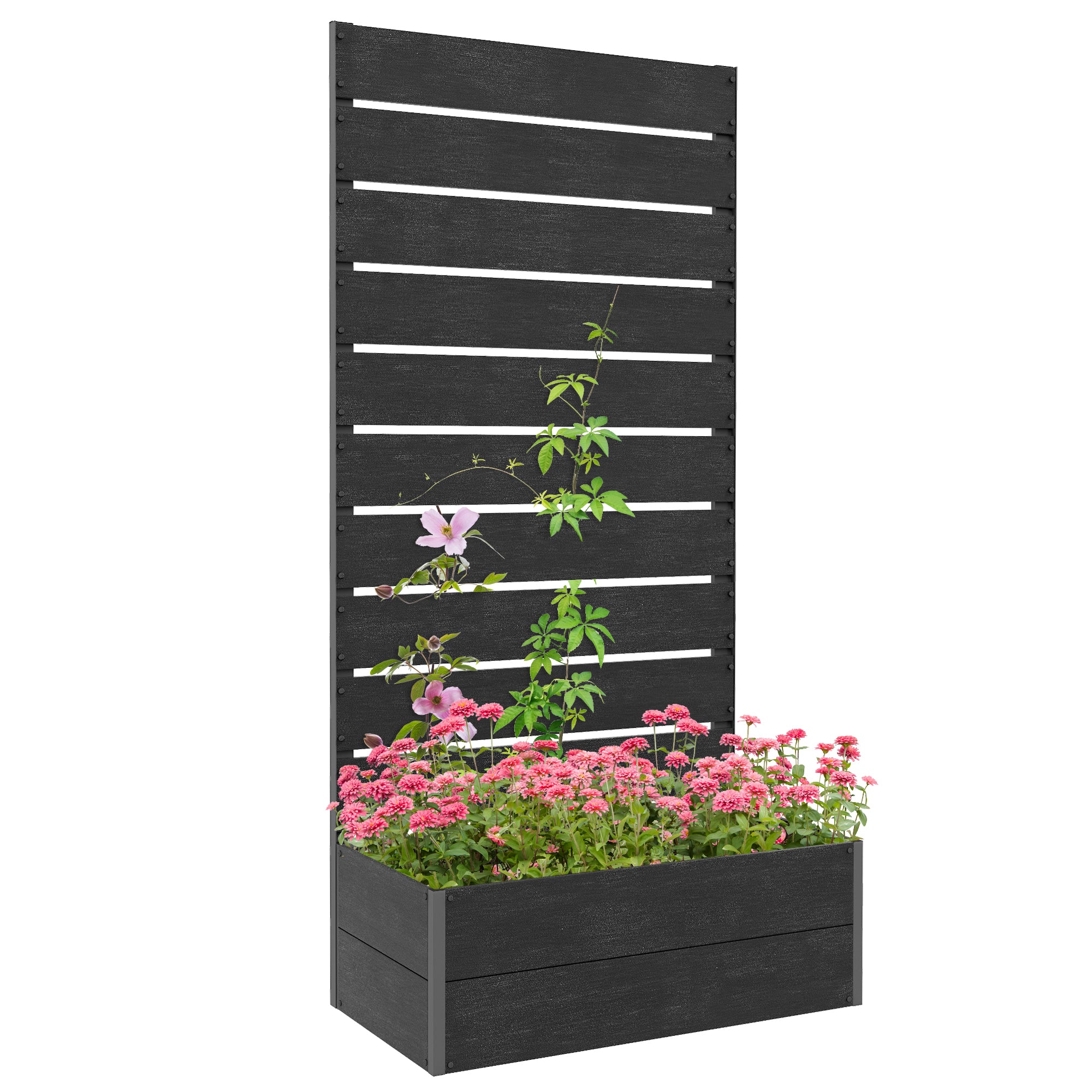 34 x 69.5cm Garden Planter Box, with Back Trellis, Black