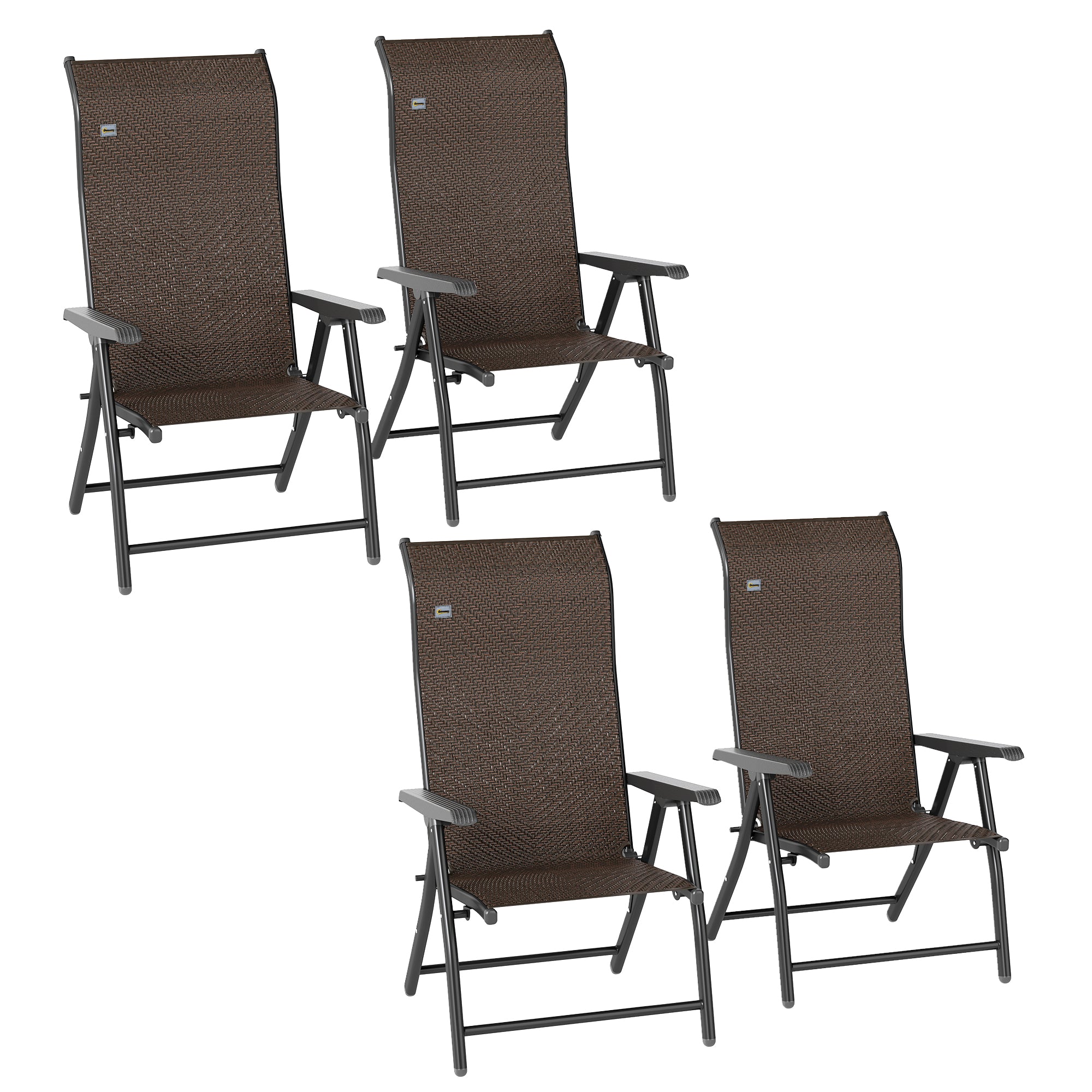 Set of Four Folding Garden Chairs, with Seven-Position Adjustable Backs, Dark Brown