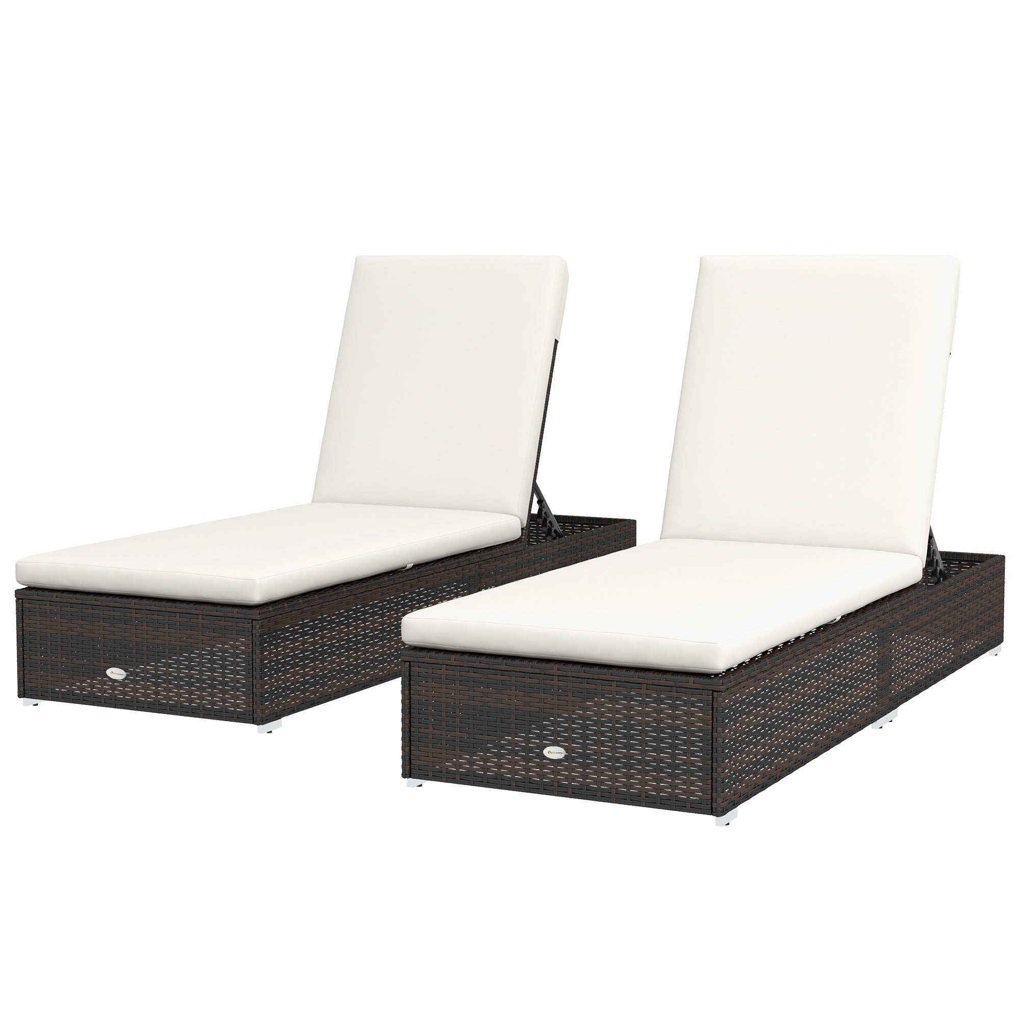 Set of Two Rattan Sun Loungers with Reclining Backs - Brown/Cream