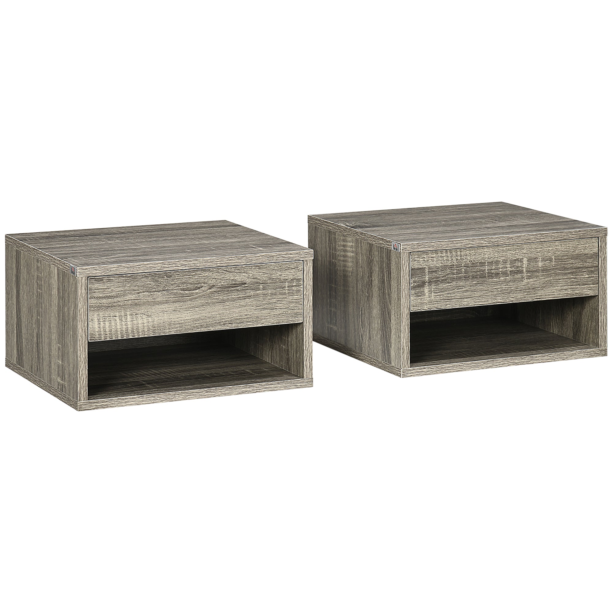 Set of Two Wall Mounted Bedside Tables with Drawer and Shelf - Brown Wood-Effect